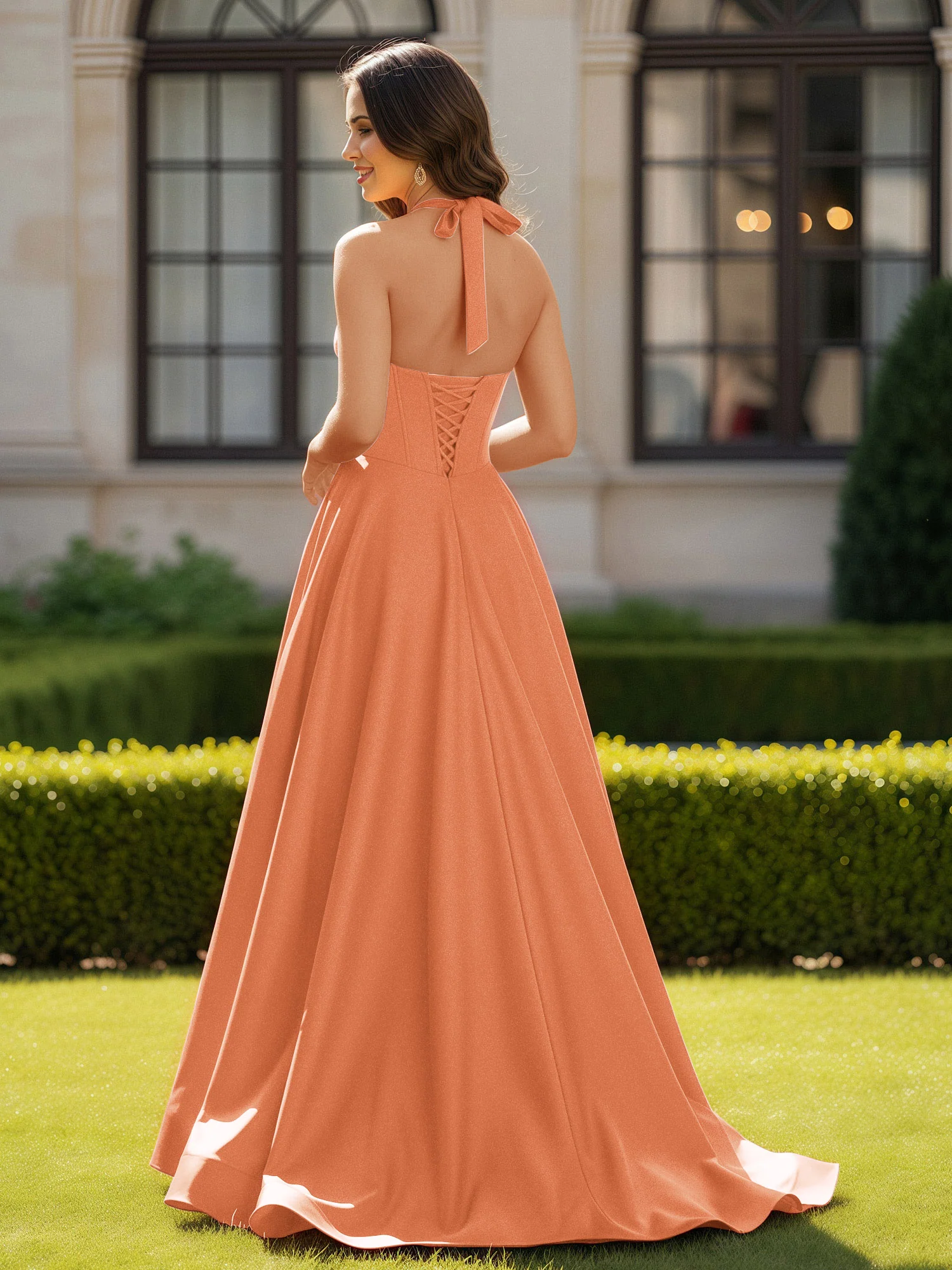 Halter Neck Sleeveless Satin Graceful Prom Dress Papaya - Image 2