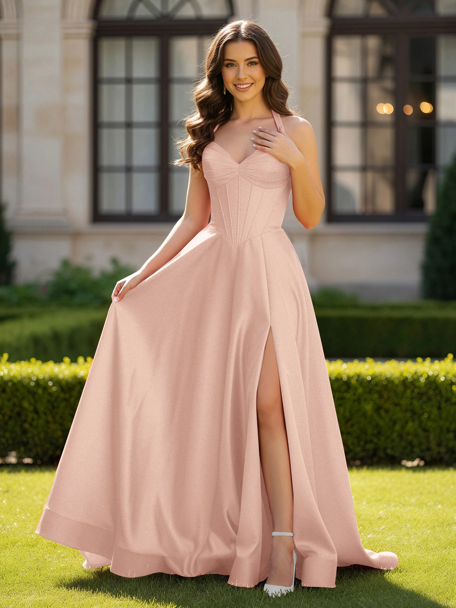 Halter Neck Sleeveless Satin Graceful Prom Dress Pearl Pink
