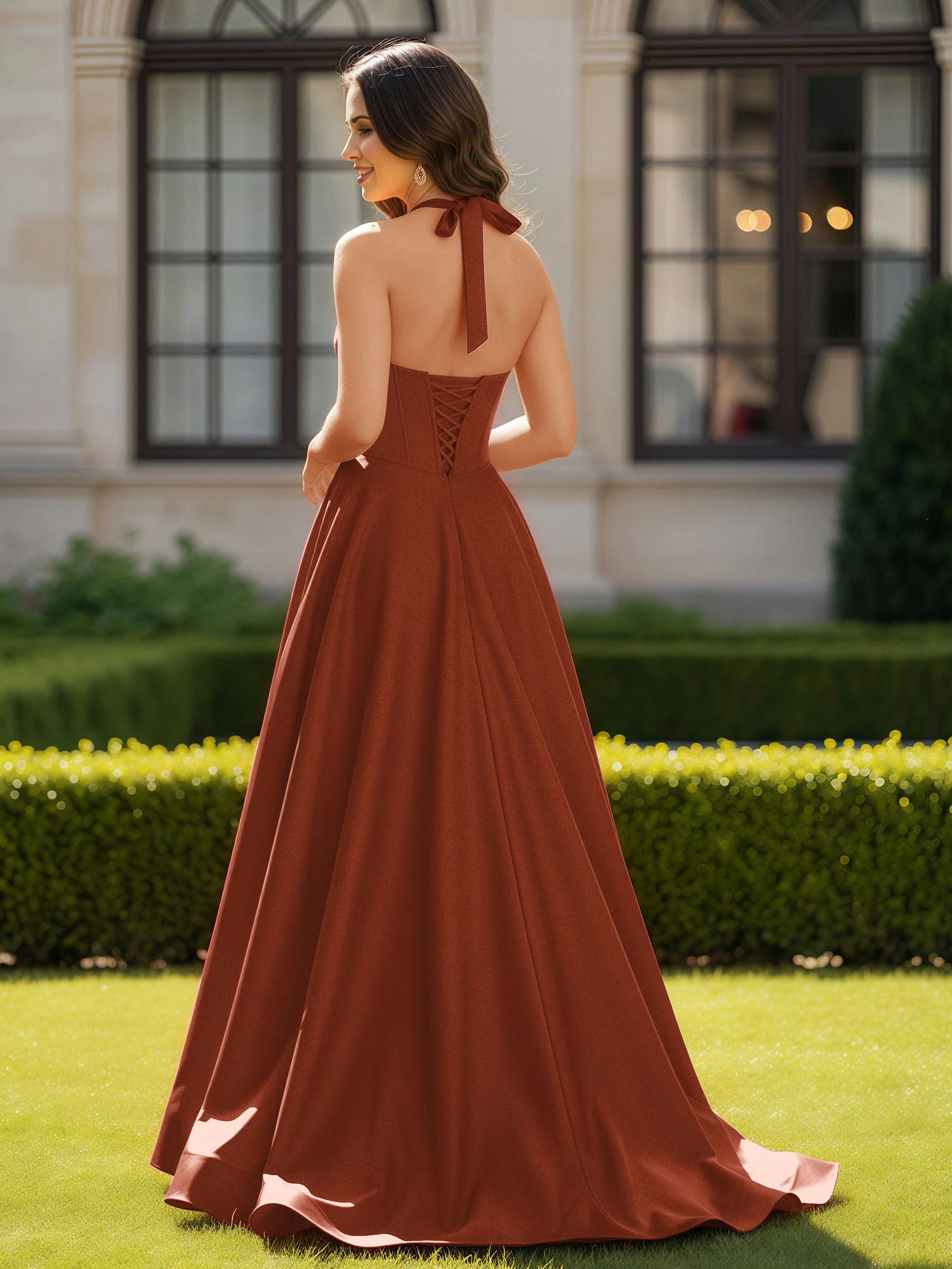 Halter Neck Sleeveless Satin Graceful Prom Dress Rust - Image 2