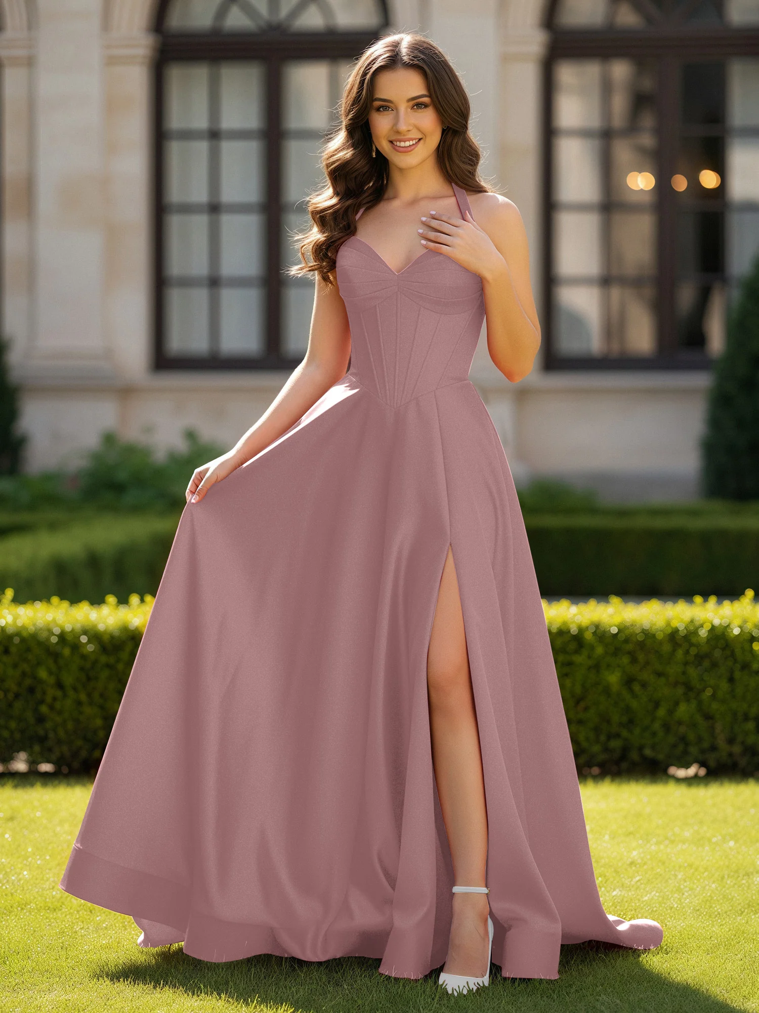 Halter Neck Sleeveless Satin Graceful Prom Dress Vintage Mauve