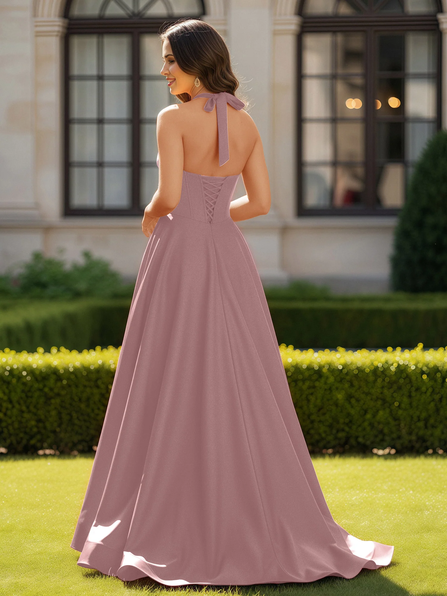 Halter Neck Sleeveless Satin Graceful Prom Dress Vintage Mauve - Image 2