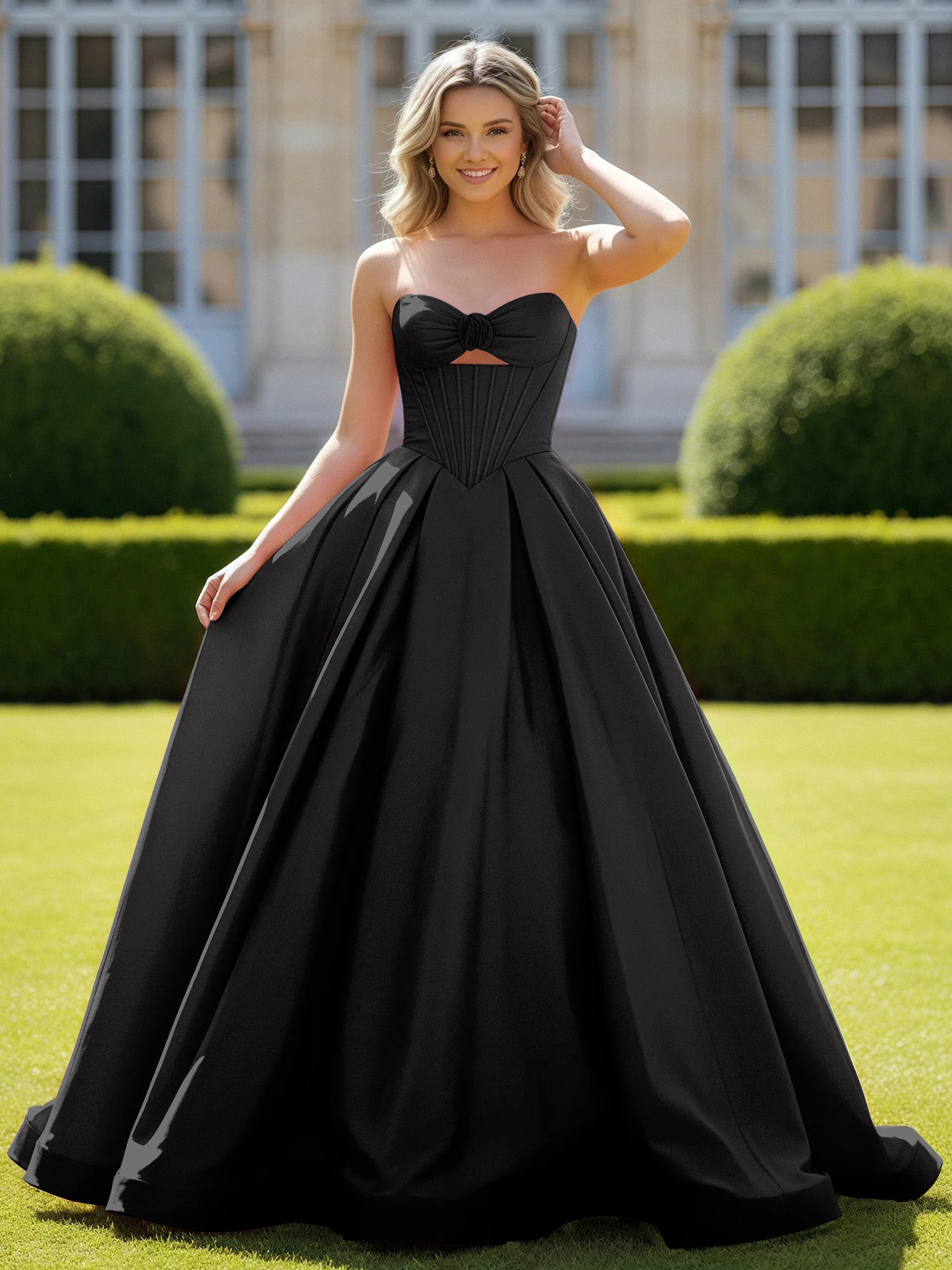 Sweetheart Satin Ball Gown Delicate Lace-Up Prom Dress Black