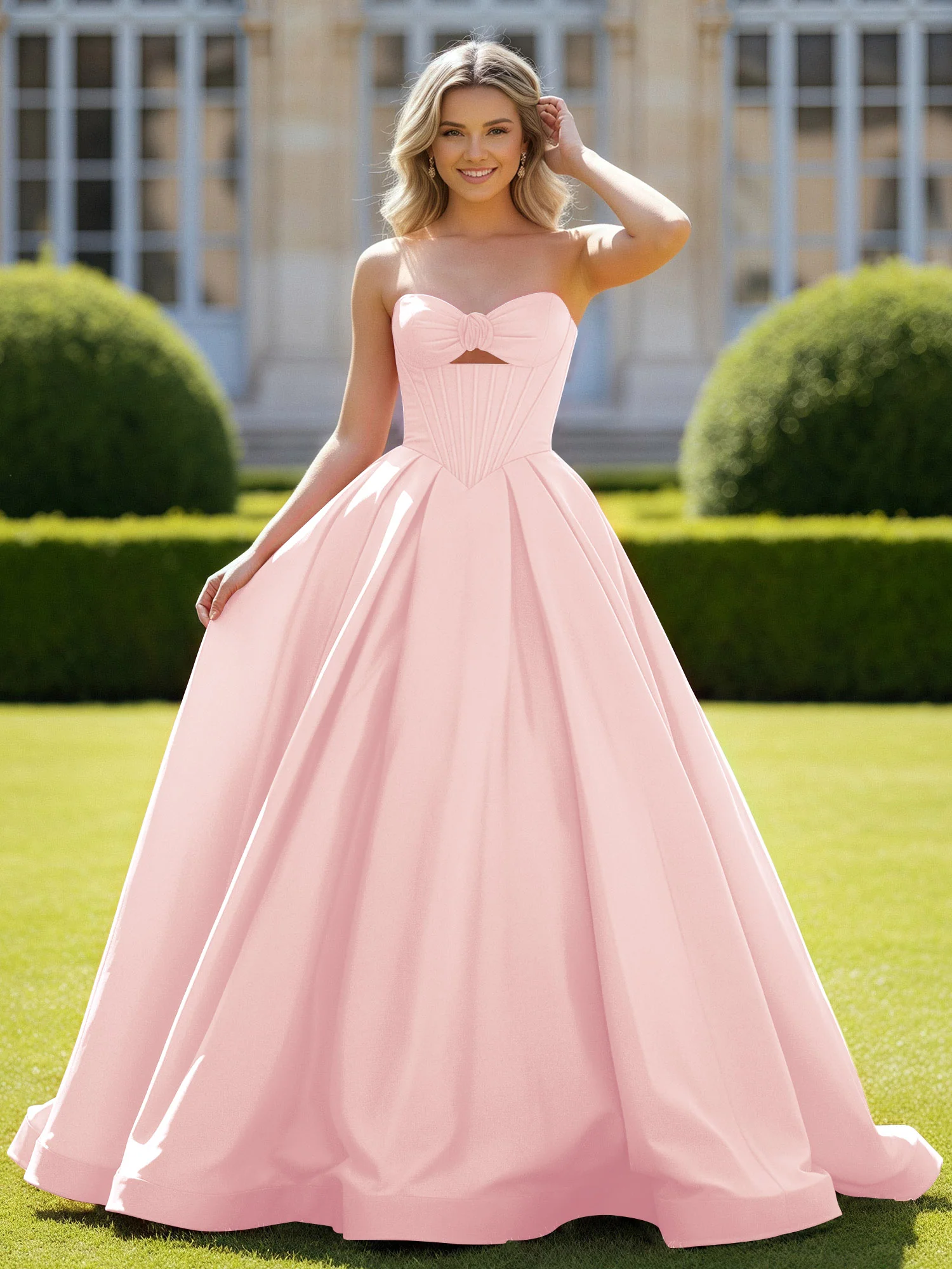 Sweetheart Satin Ball Gown Delicate Lace-Up Prom Dress Blushing Pink