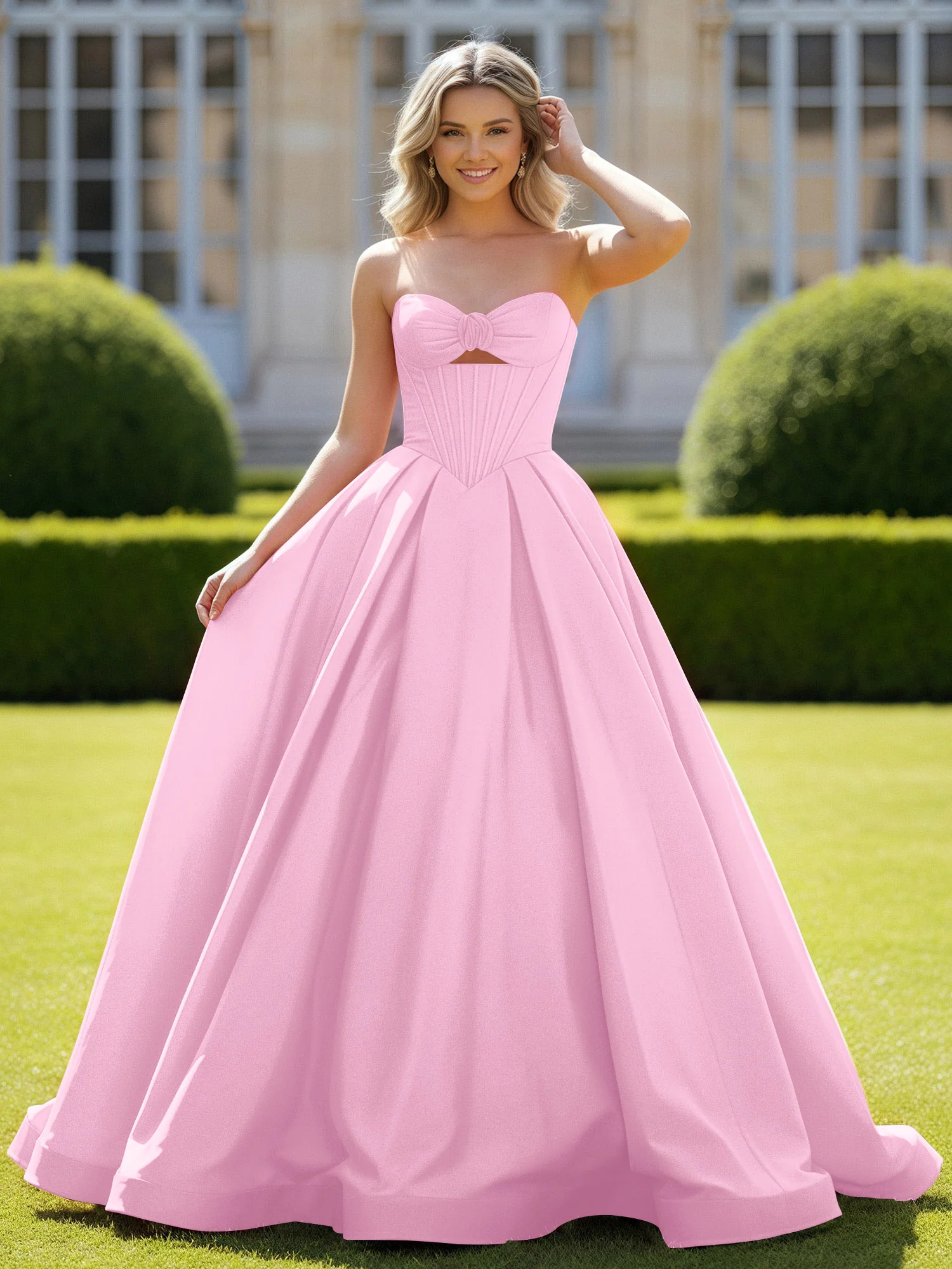 Sweetheart Satin Ball Gown Delicate Lace-Up Prom Dress Candy Pink