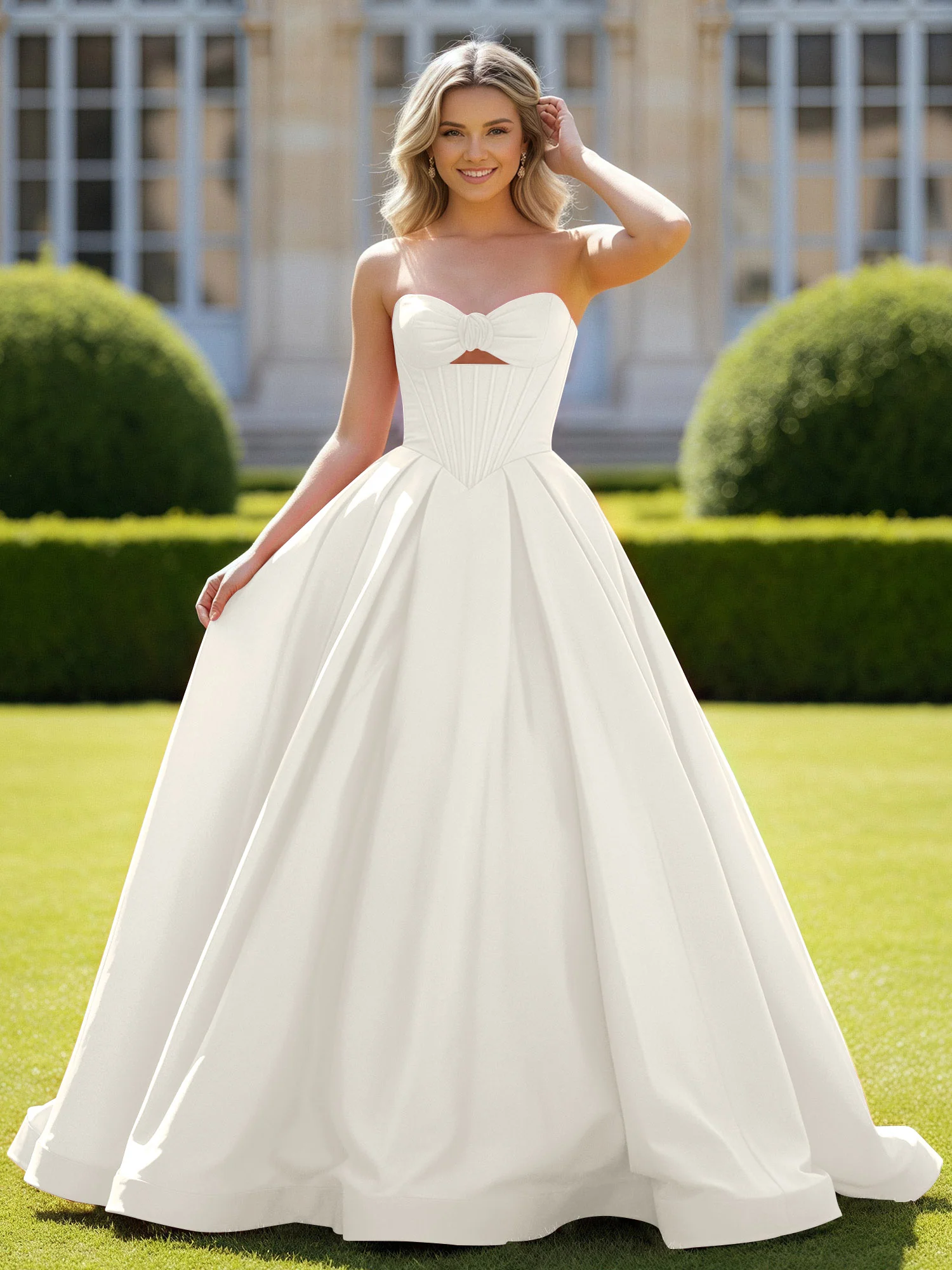Sweetheart Satin Ball Gown Delicate Lace-Up Prom Dress Ivory