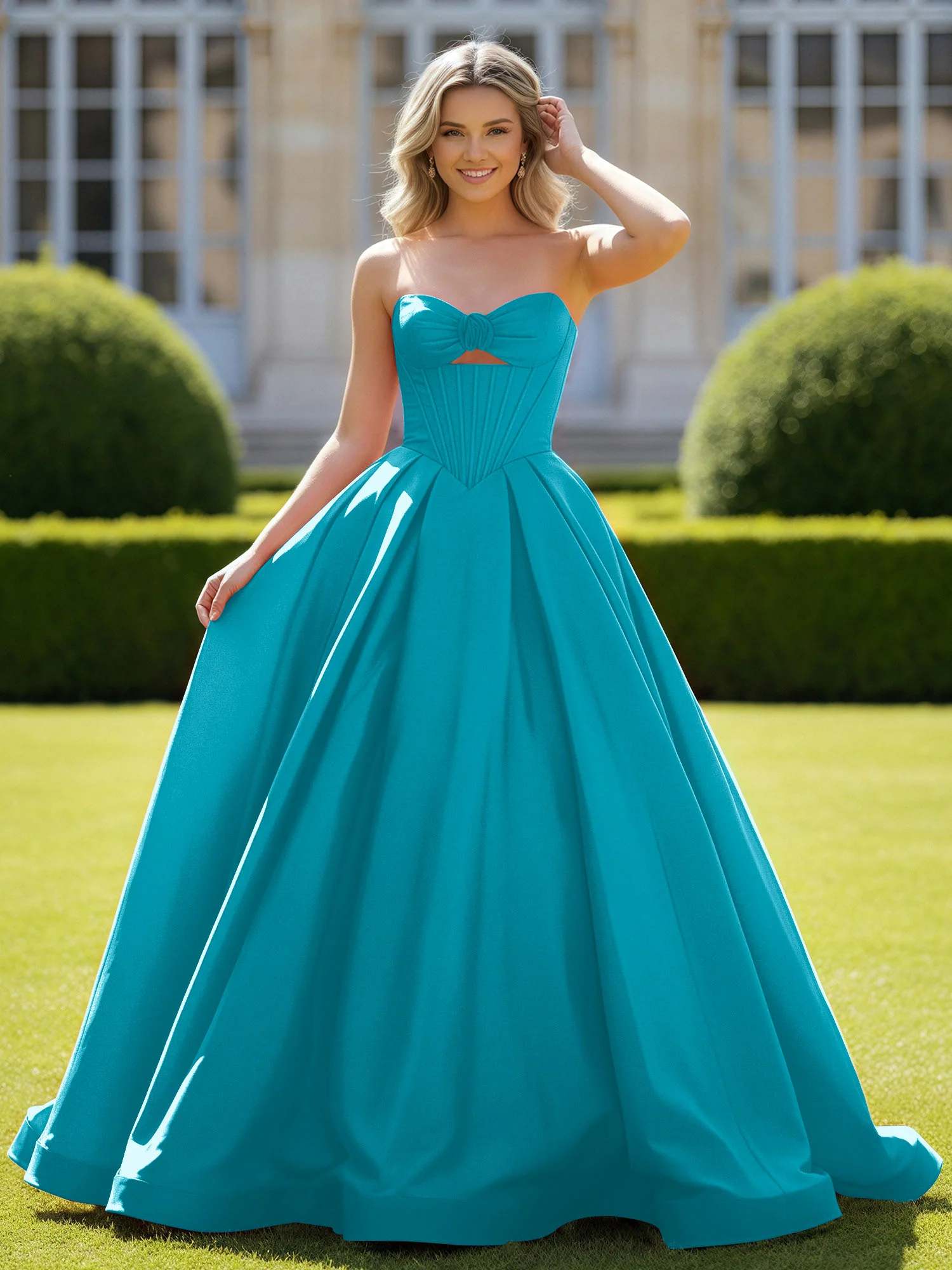 Sweetheart Satin Ball Gown Delicate Lace-Up Prom Dress Jade