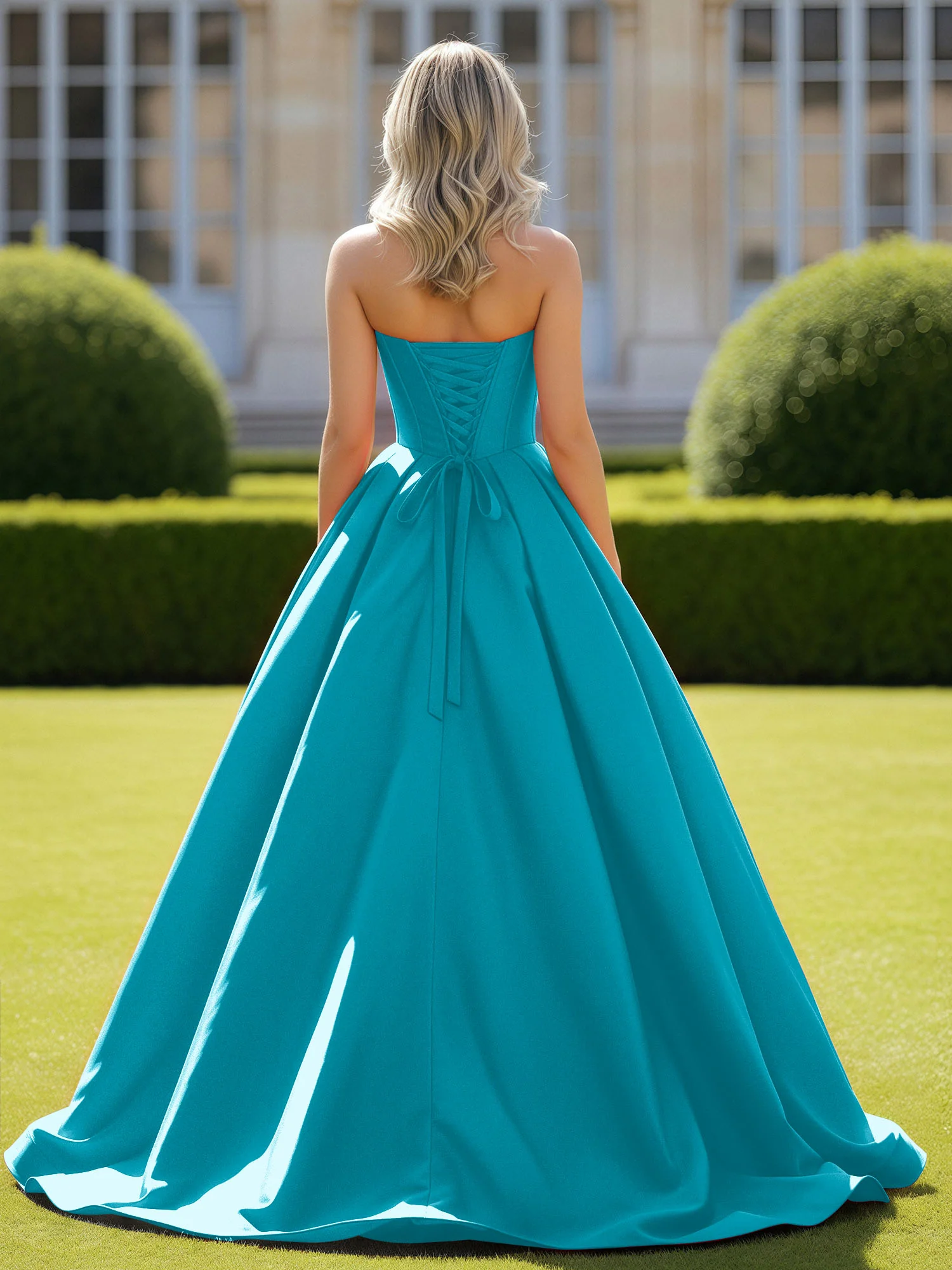 Sweetheart Satin Ball Gown Delicate Lace-Up Prom Dress Jade - Image 2