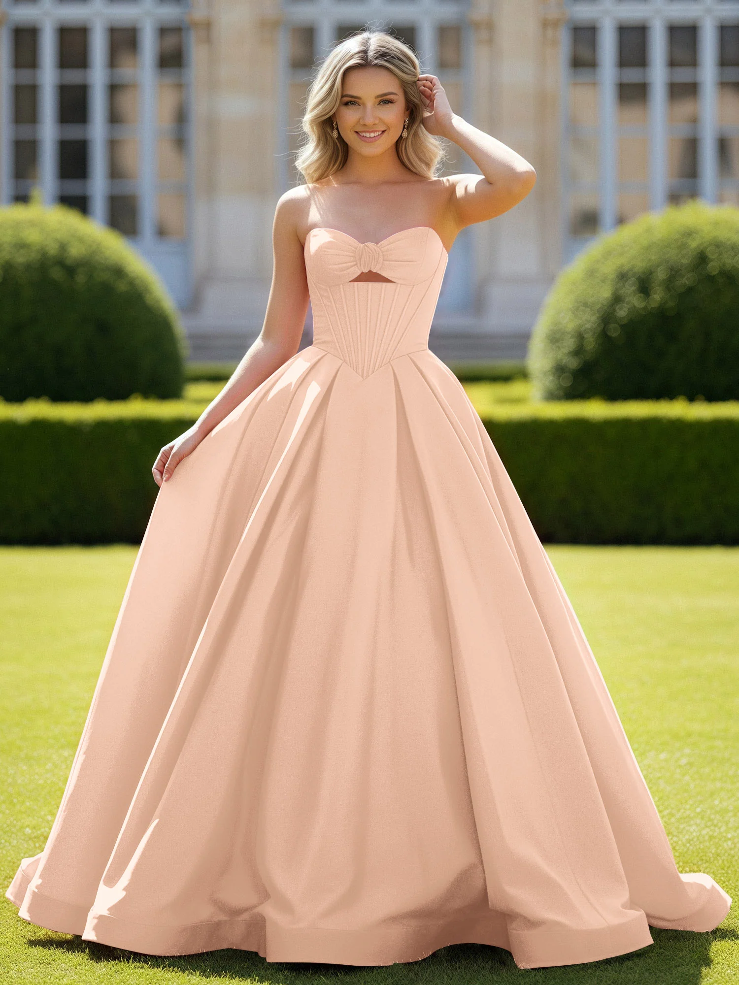 Sweetheart Satin Ball Gown Delicate Lace-Up Prom Dress Peach