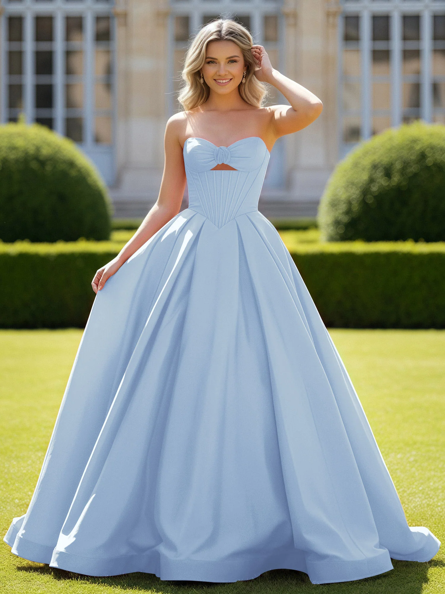 Sweetheart Satin Ball Gown Delicate Lace-Up Prom Dress Sky Blue