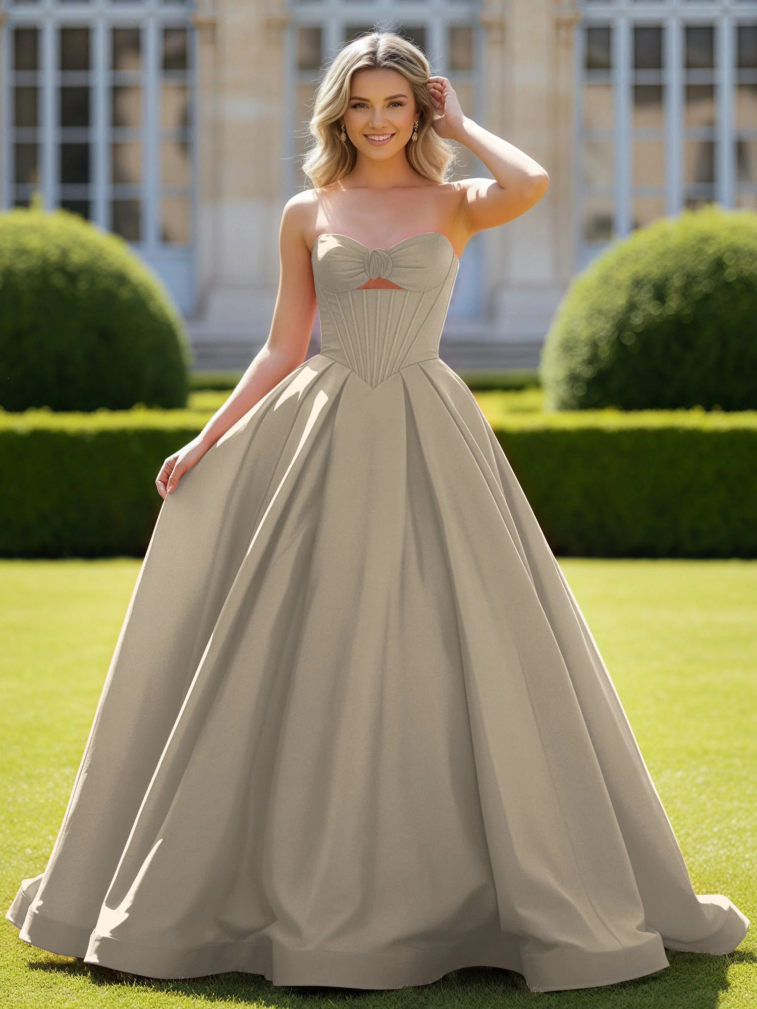 Sweetheart Satin Ball Gown Delicate Lace-Up Prom Dress Taupe
