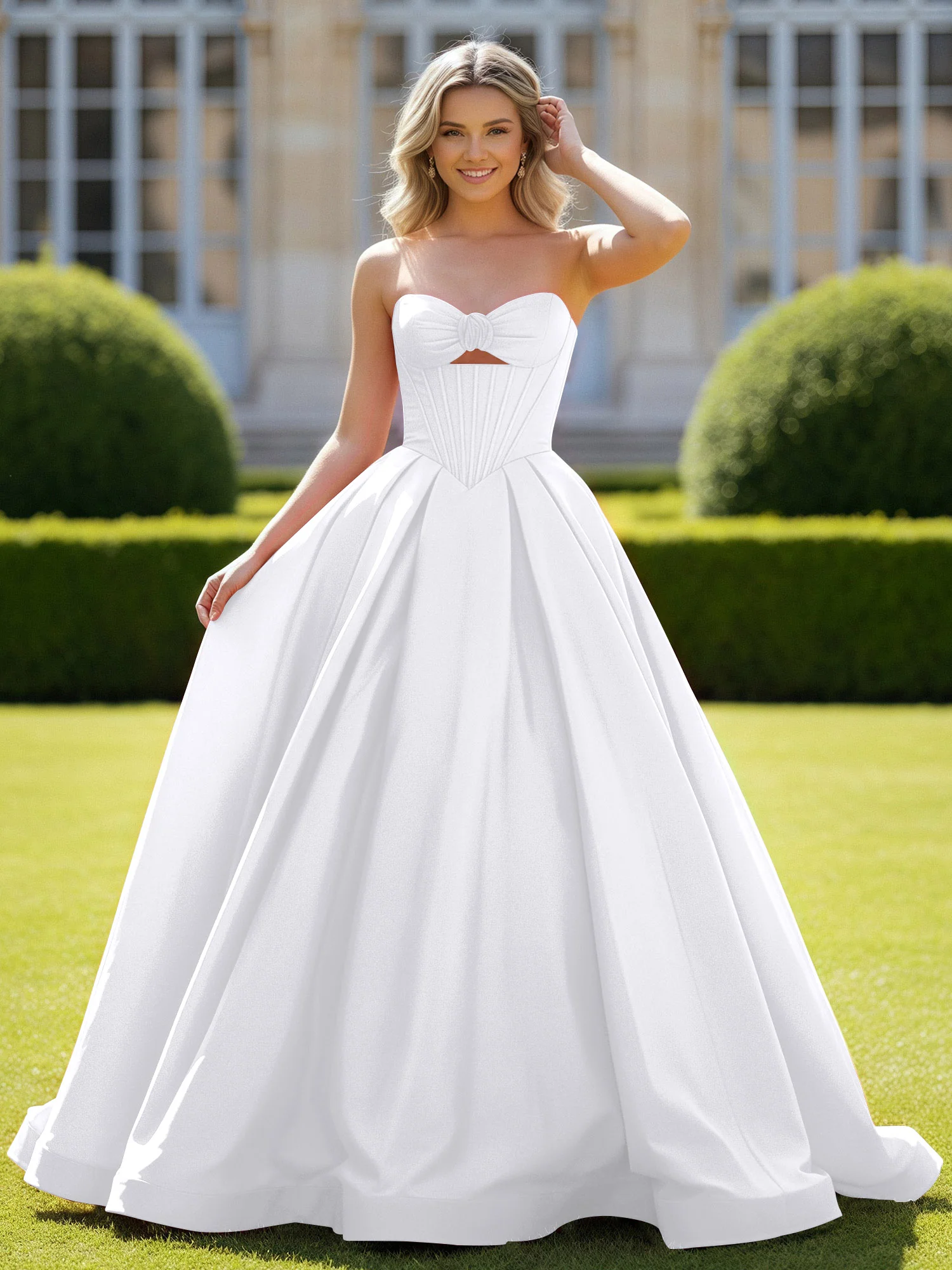 Sweetheart Satin Ball Gown Delicate Lace-Up Prom Dress White