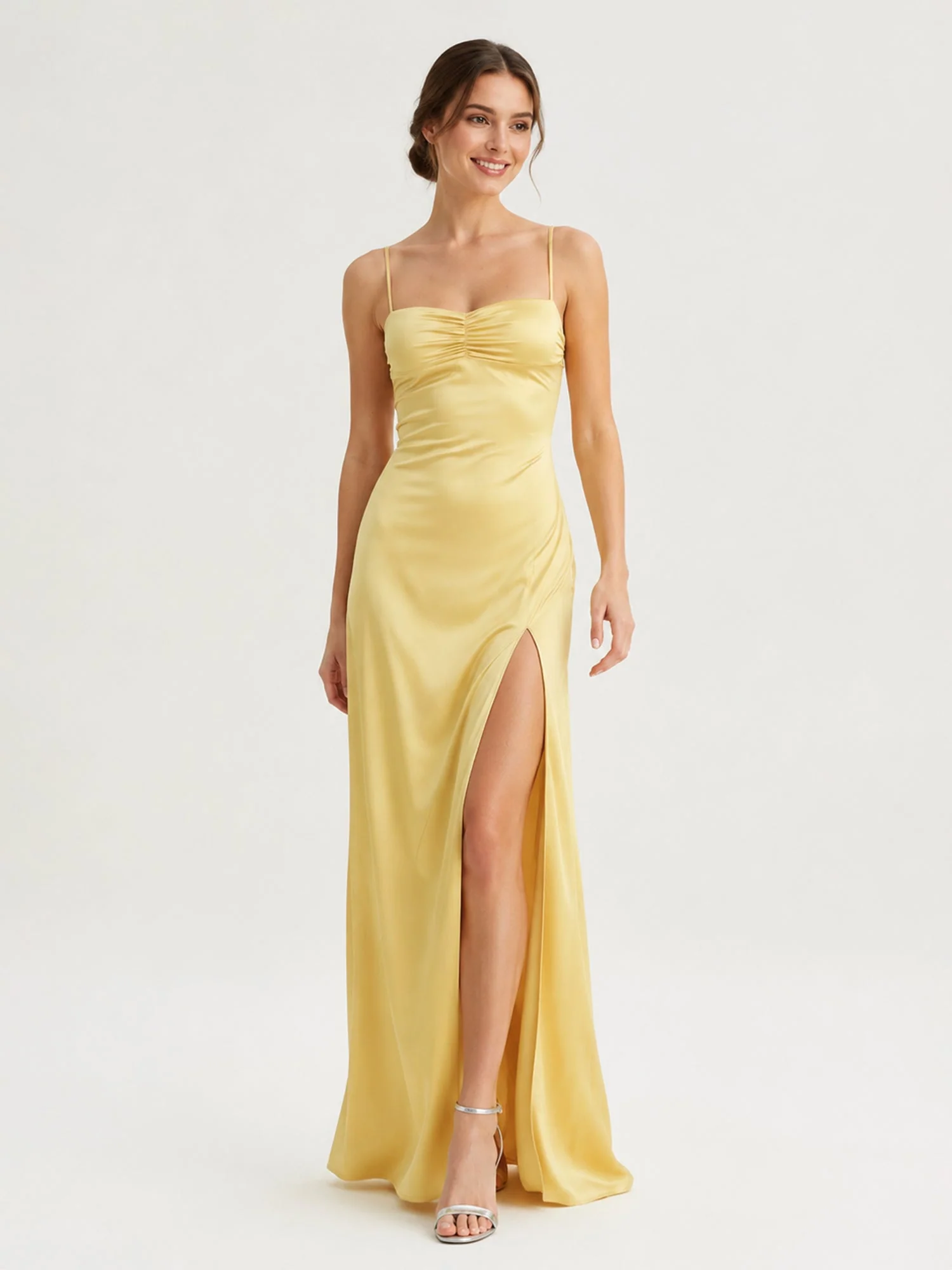 High-Slit Satin Long Dress with Thin Straps Dusty Blue