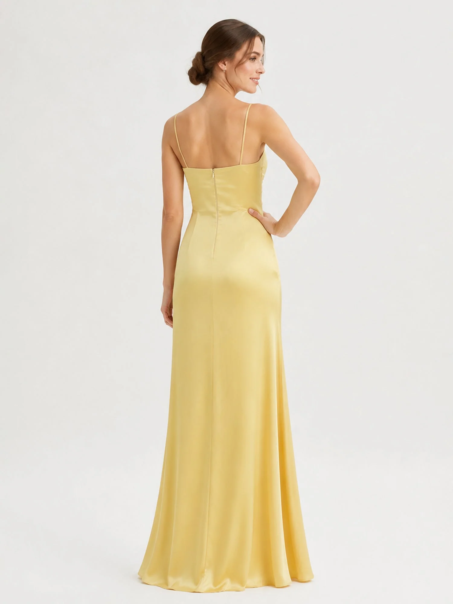 High-Slit Satin Long Dress with Thin Straps Royal Blue - Image 2