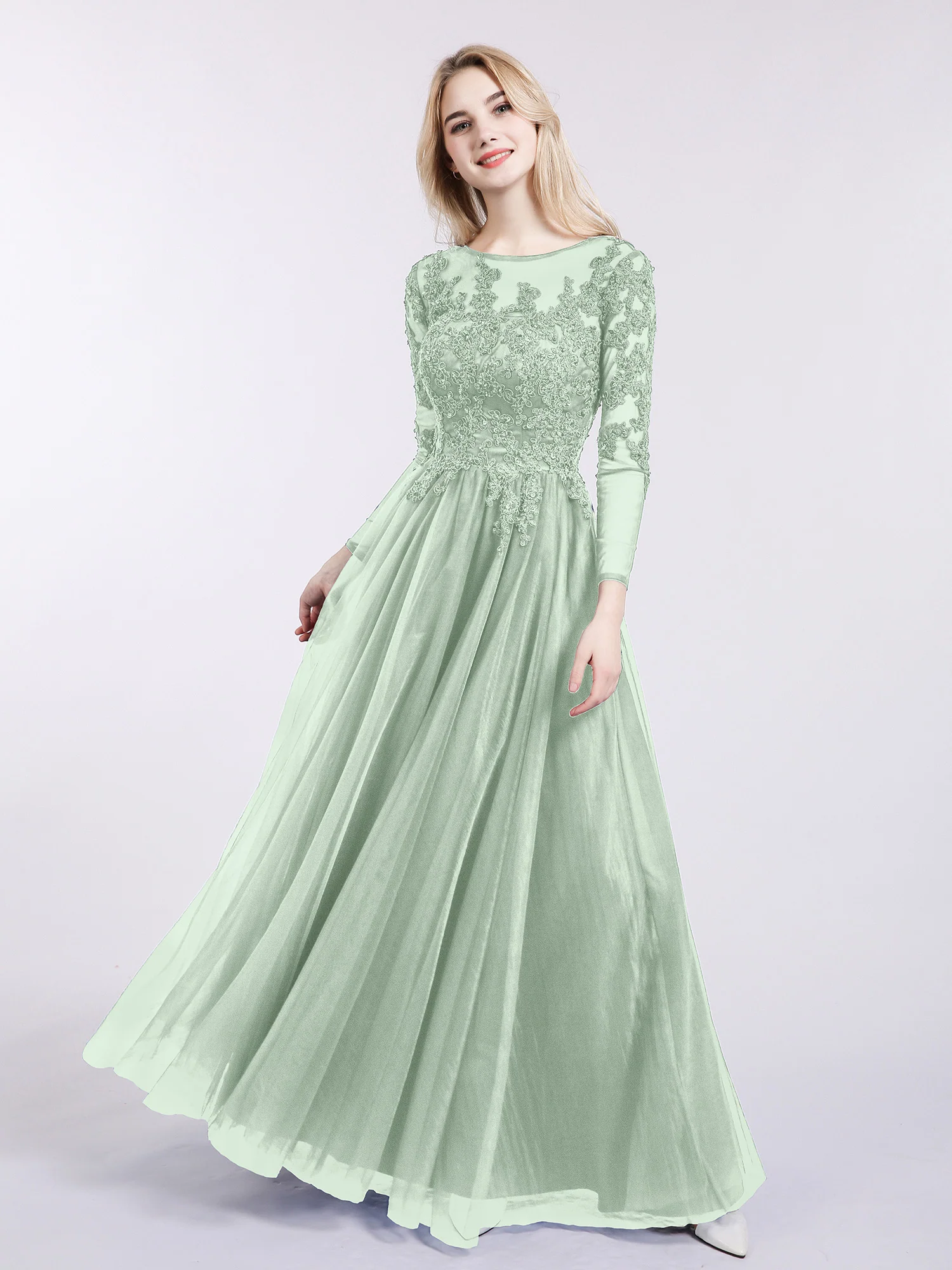 Tulle with Appliqued Long Sleeves Dress-Agave