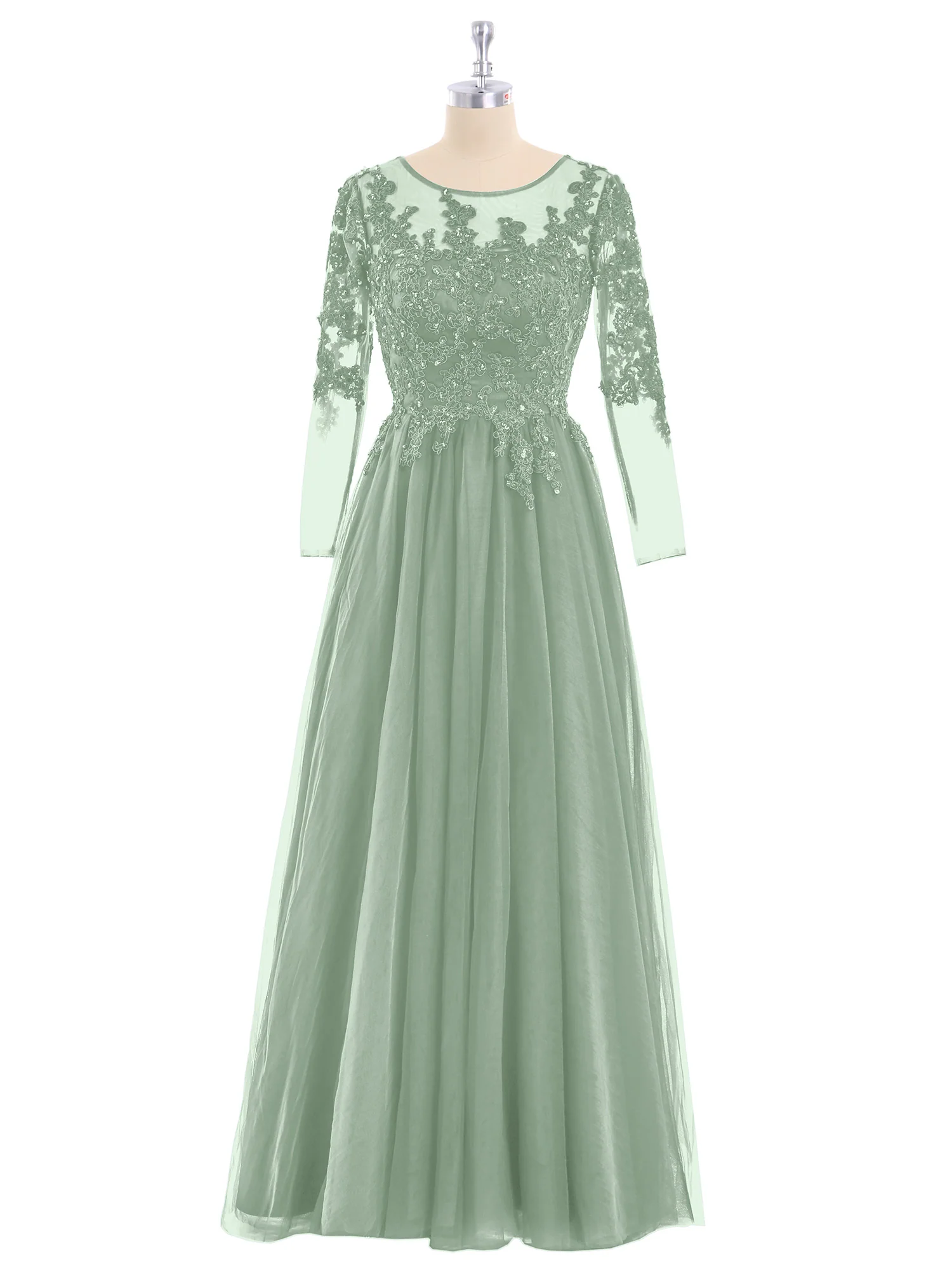 Tulle with Appliqued Long Sleeves Dress-Agave - Image 4
