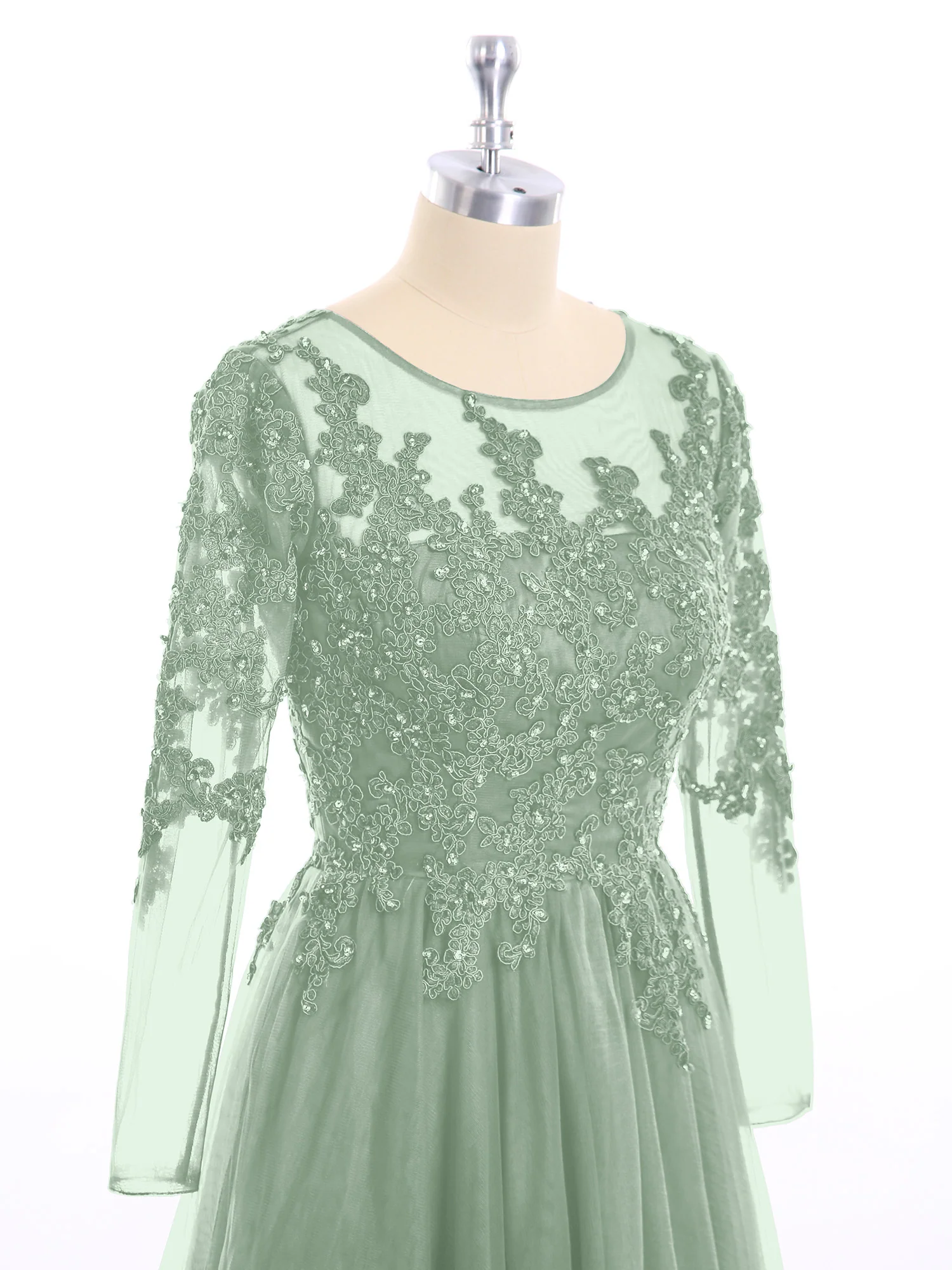 Tulle with Appliqued Long Sleeves Dress-Agave - Image 6
