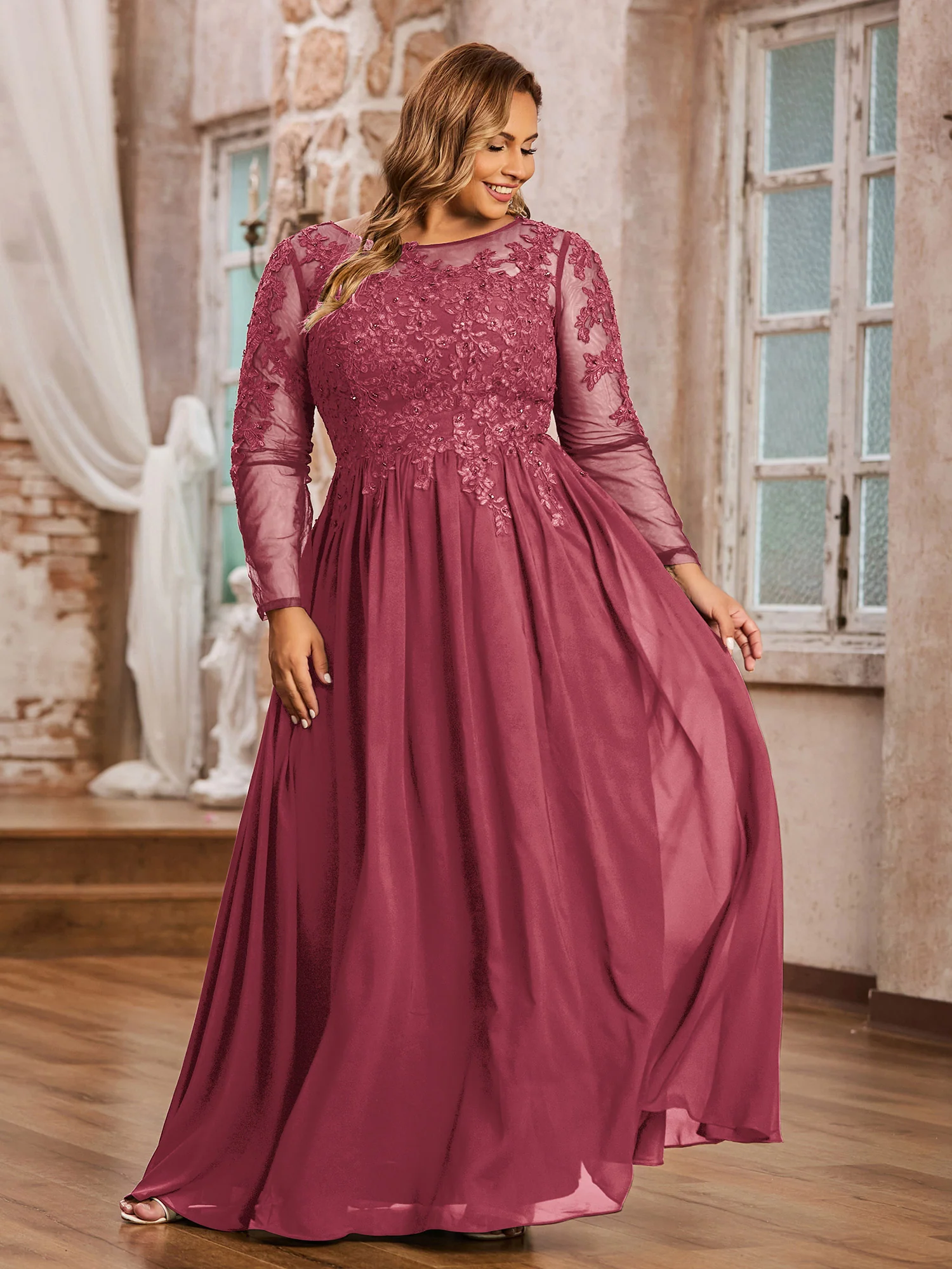 Tulle with Appliqued Long Sleeves Dress-Cinnamon Rose