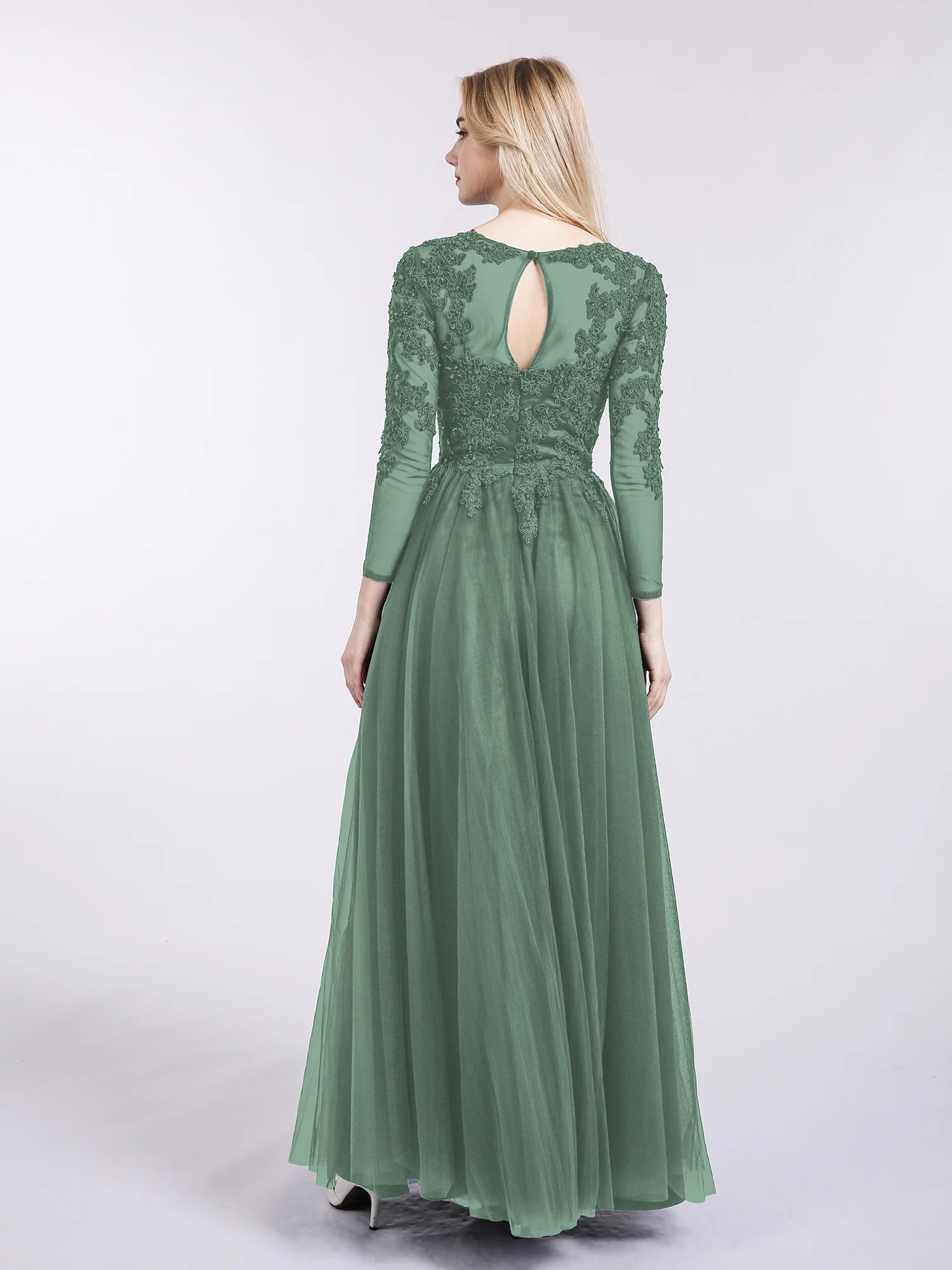Tulle with Appliqued Long Sleeves Dress-Eucalyptus - Image 2