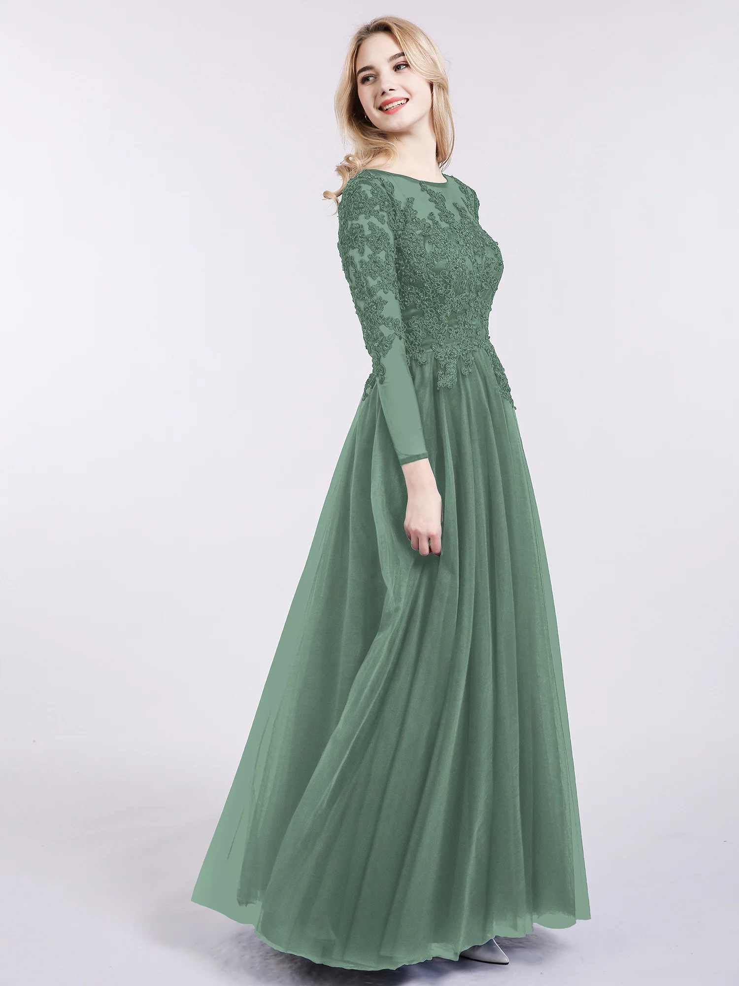 Tulle with Appliqued Long Sleeves Dress-Eucalyptus - Image 3