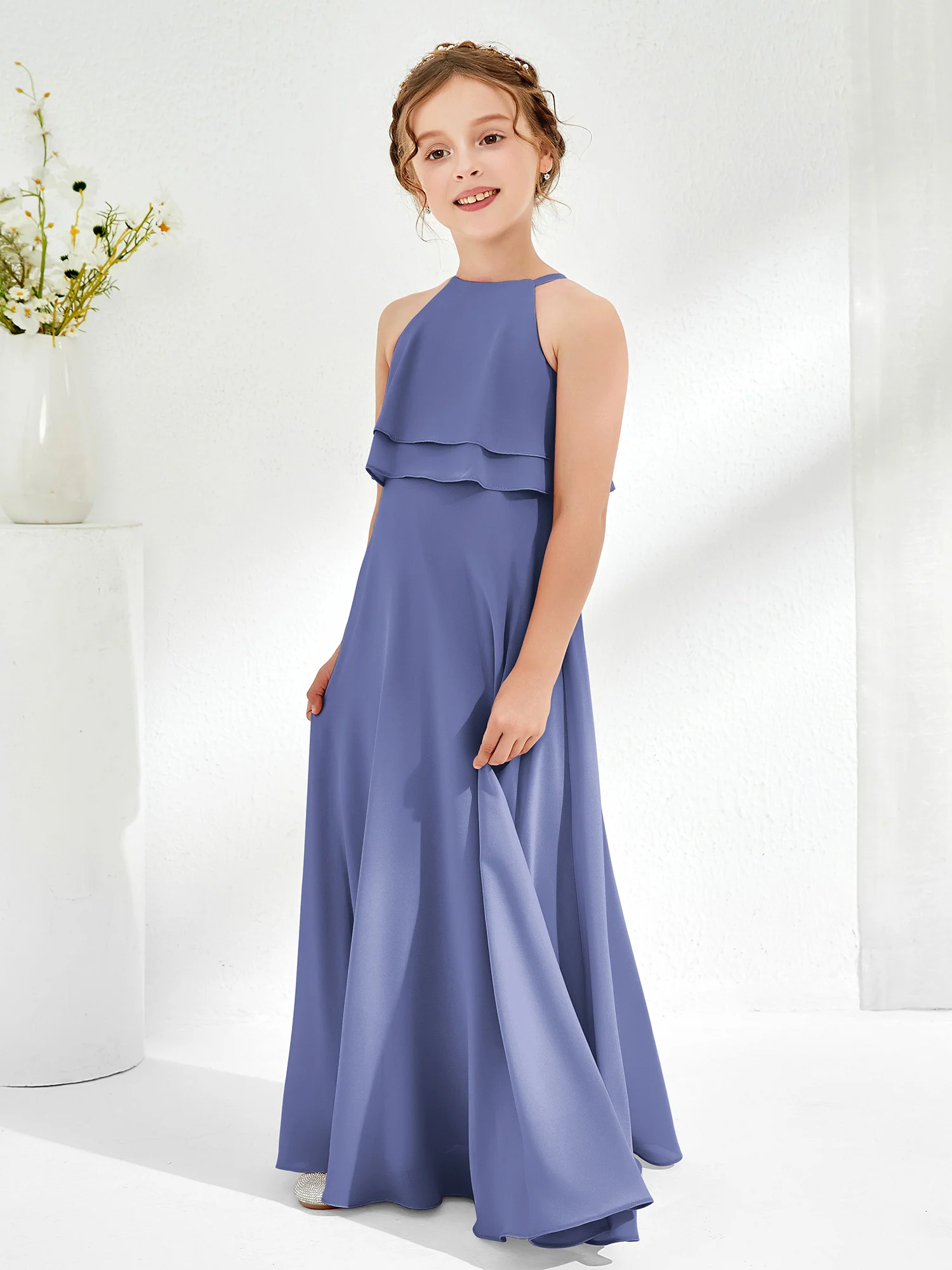 Two Layers Ruffles Junior Bridesmaid Dresses Periwinkle - Image 3
