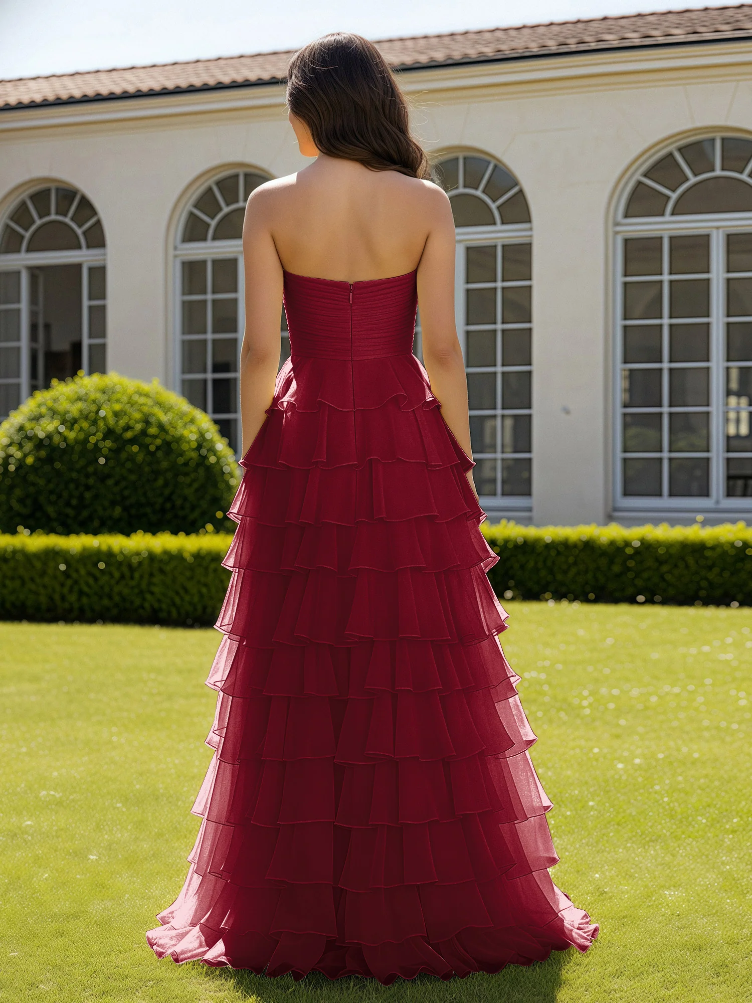 Chiffon Ruffle Sweetheart Prom Dress With Slit Burgundy - Image 2