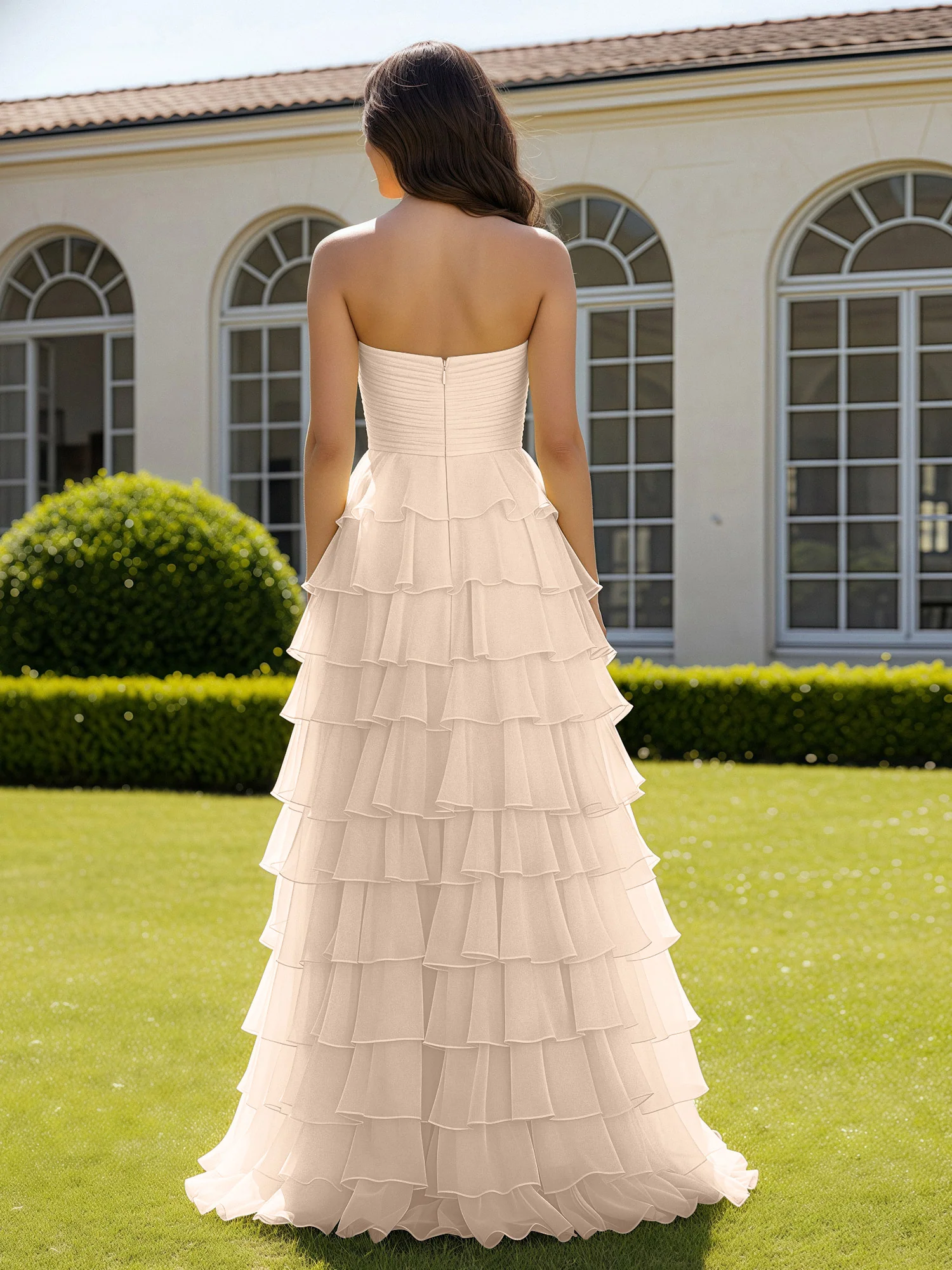 Chiffon Ruffle Sweetheart Prom Dress With Slit Peach - Image 2