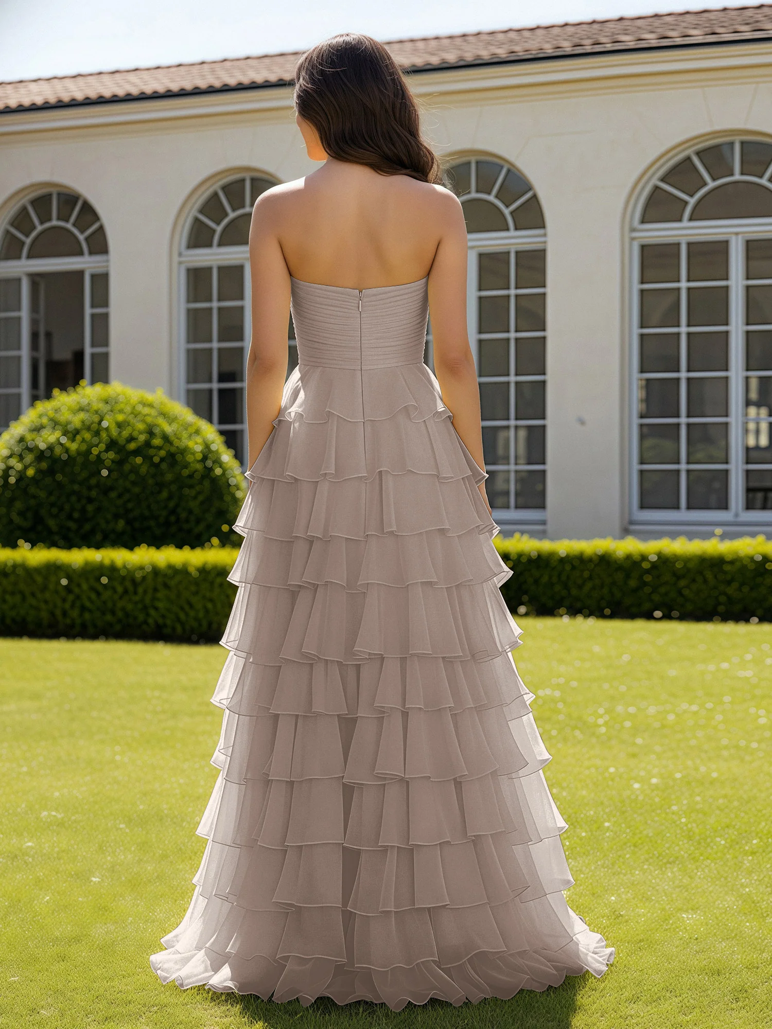 Chiffon Ruffle Sweetheart Prom Dress With Slit Taupe - Image 2