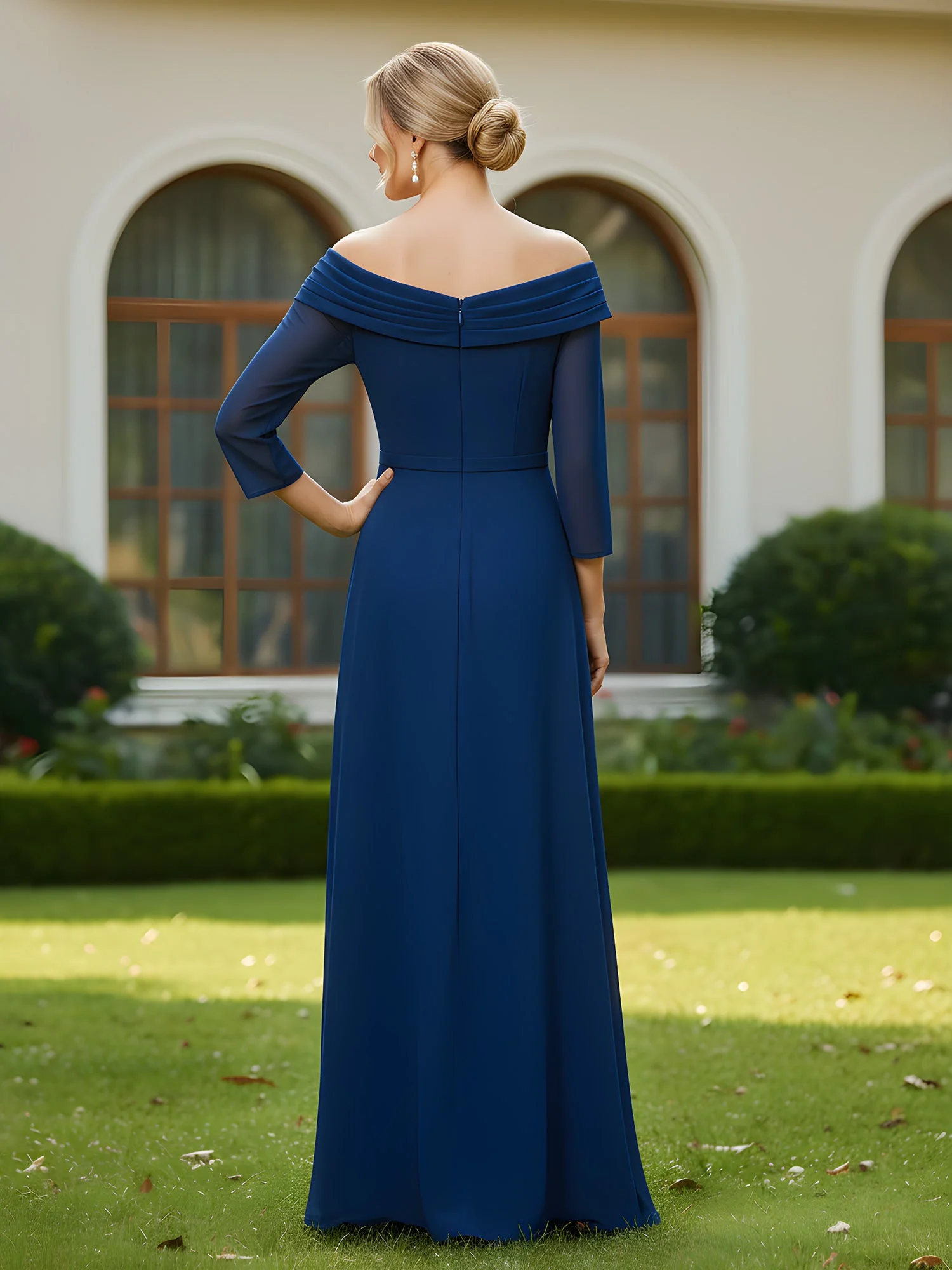 V-neck 3/4 Sleeves Pleated Chiffon Long Dress Silver - Image 2