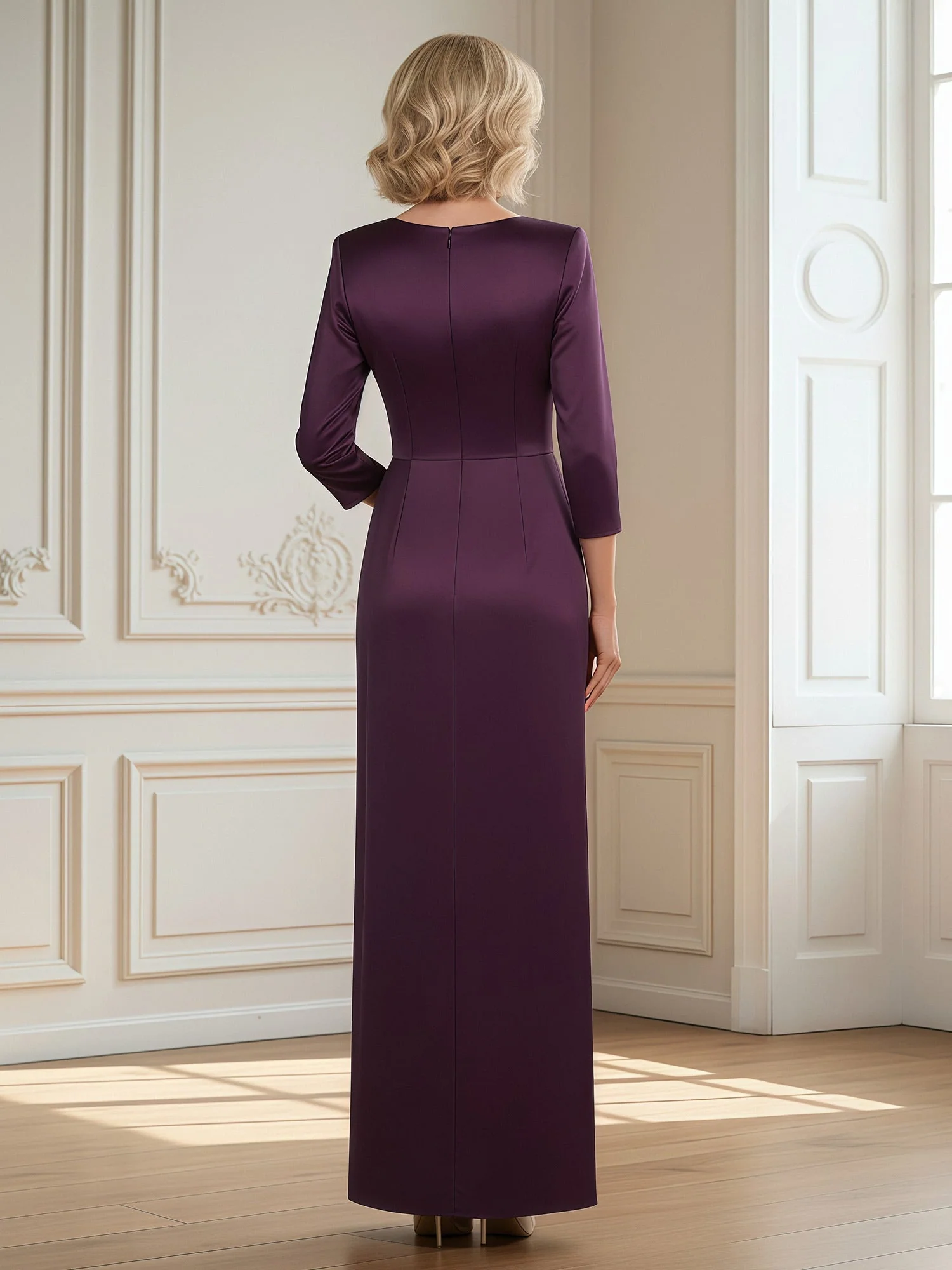 V-neck 3/4 Sleeves Sheath Slit Long Dress With Bow Black - Image 2