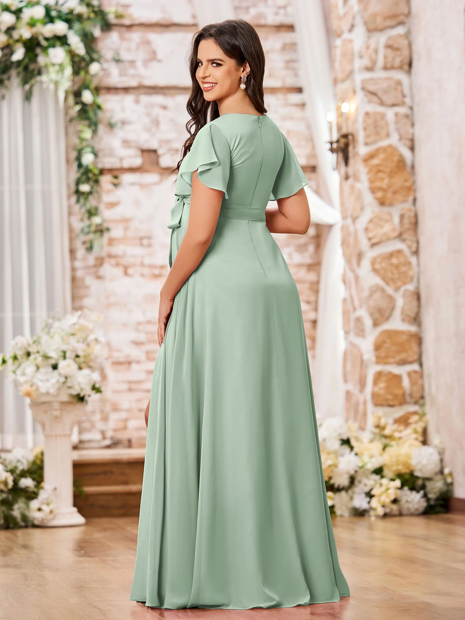 V-neck A-line Cap Sleeves Chiffon Maxi Dresses with Slit Agave - Image 2