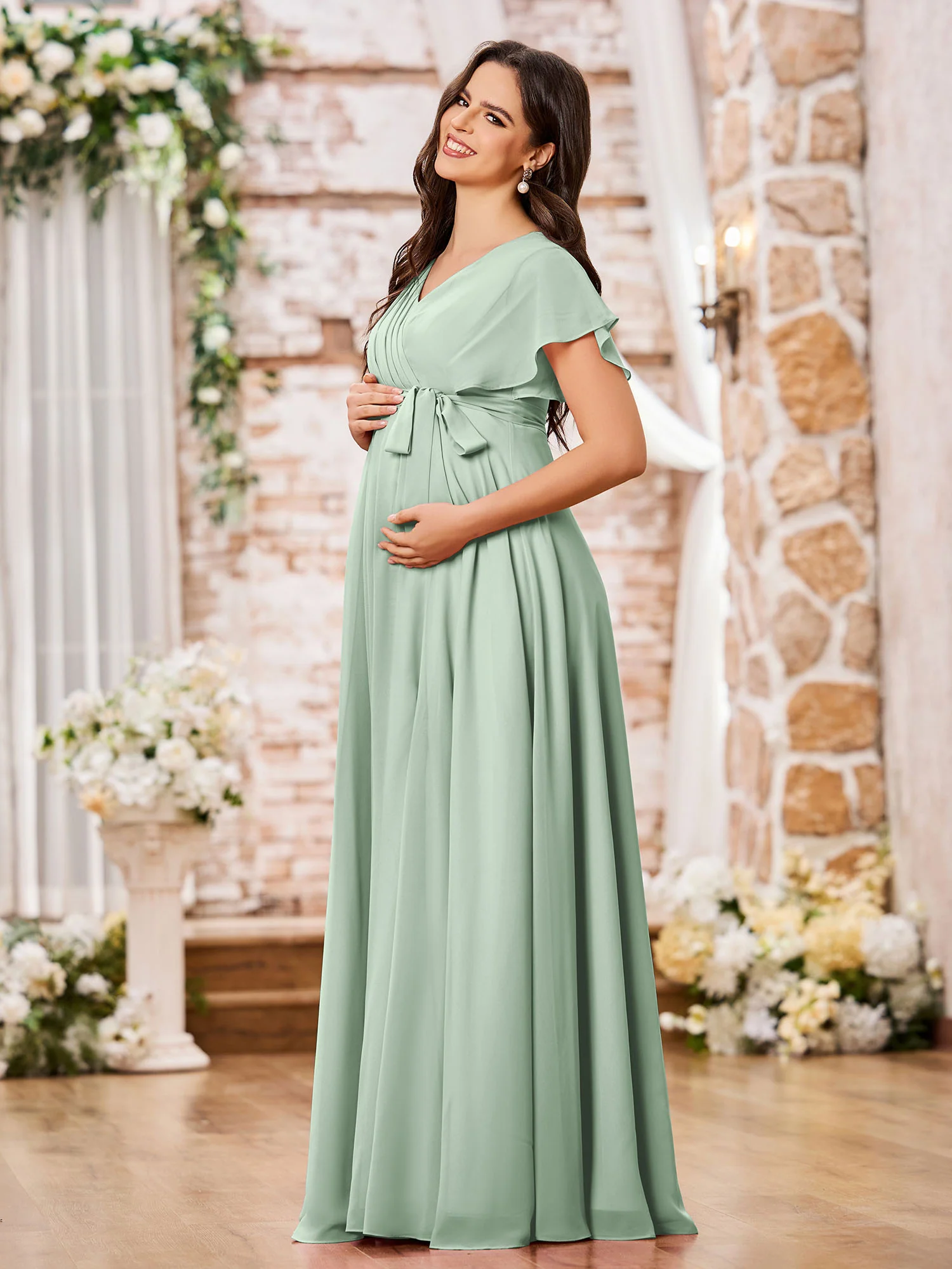 V-neck A-line Cap Sleeves Chiffon Maxi Dresses with Slit Agave - Image 3