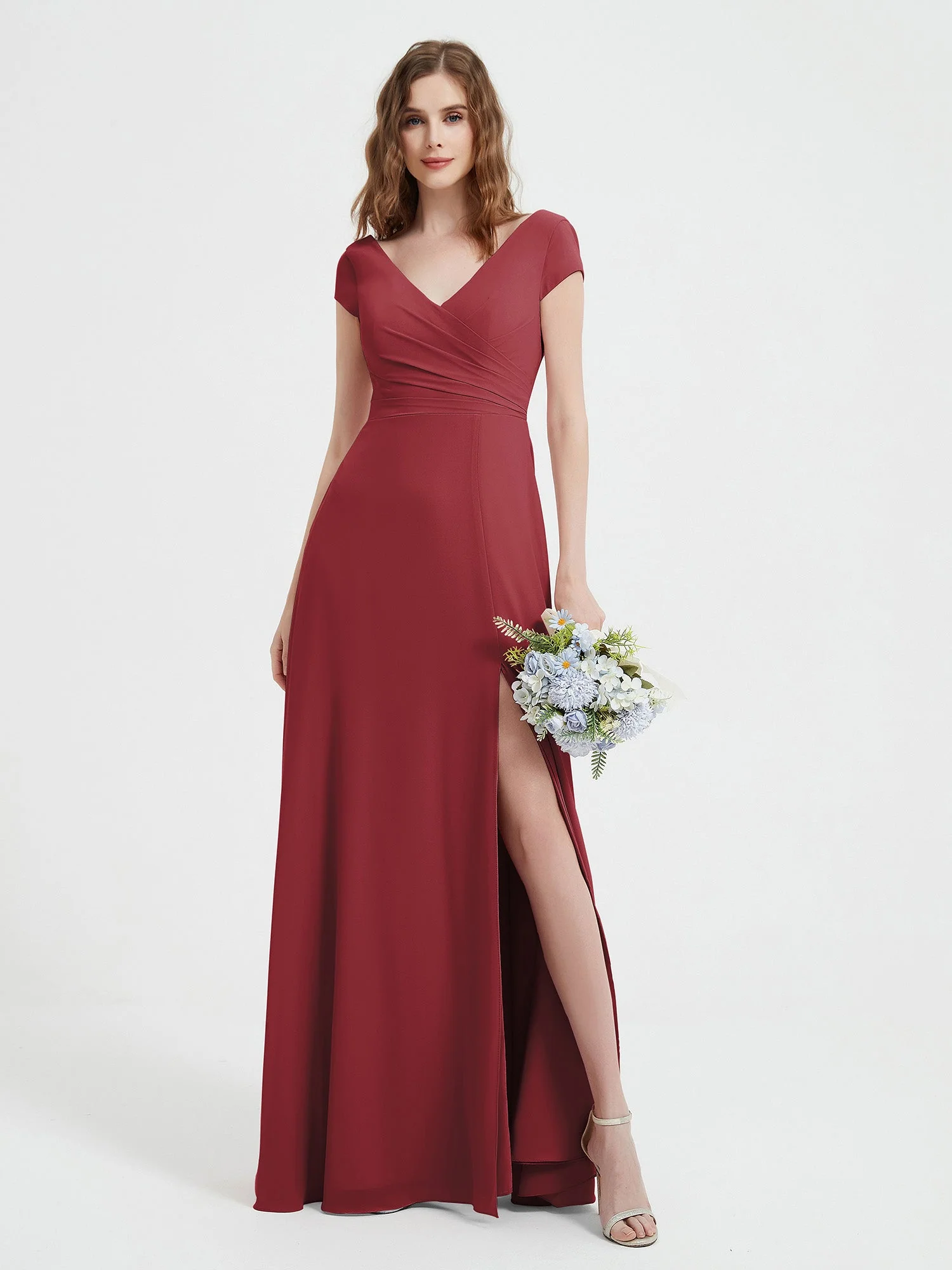 V-neck A-line Chiffon Dress With Slit Cinnamon Rose