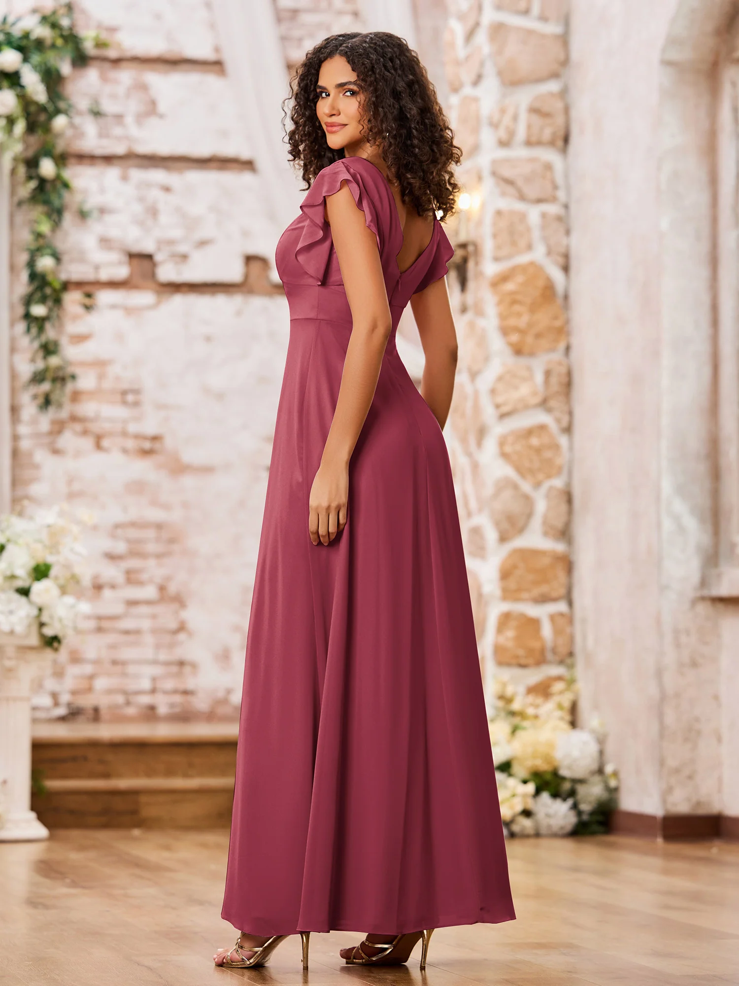 V-neck A-line Flutter Sleeves Long Chiffon Dresses Cinnamon Rose - Image 2
