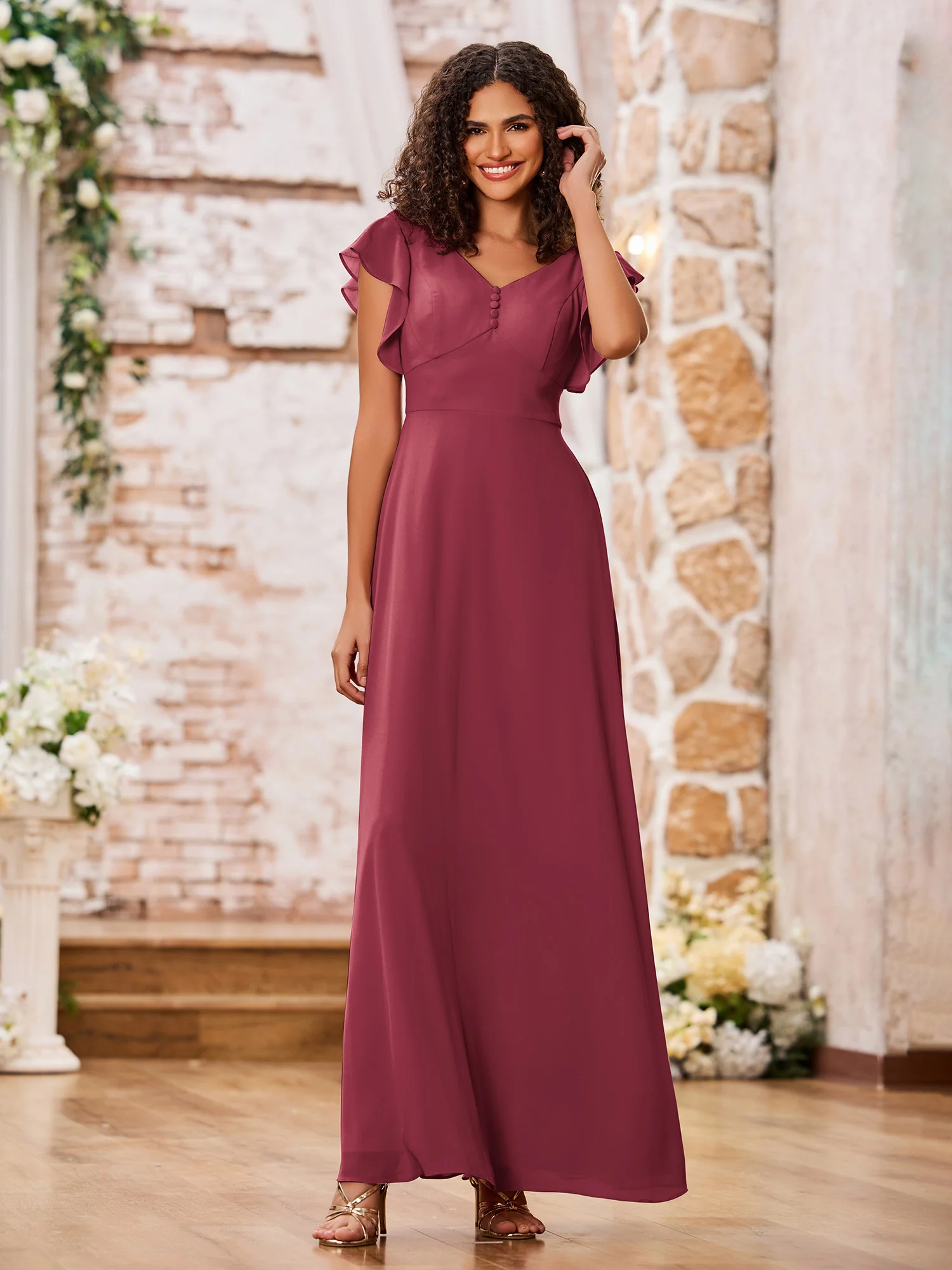V-neck A-line Flutter Sleeves Long Chiffon Dresses Cinnamon Rose - Image 3