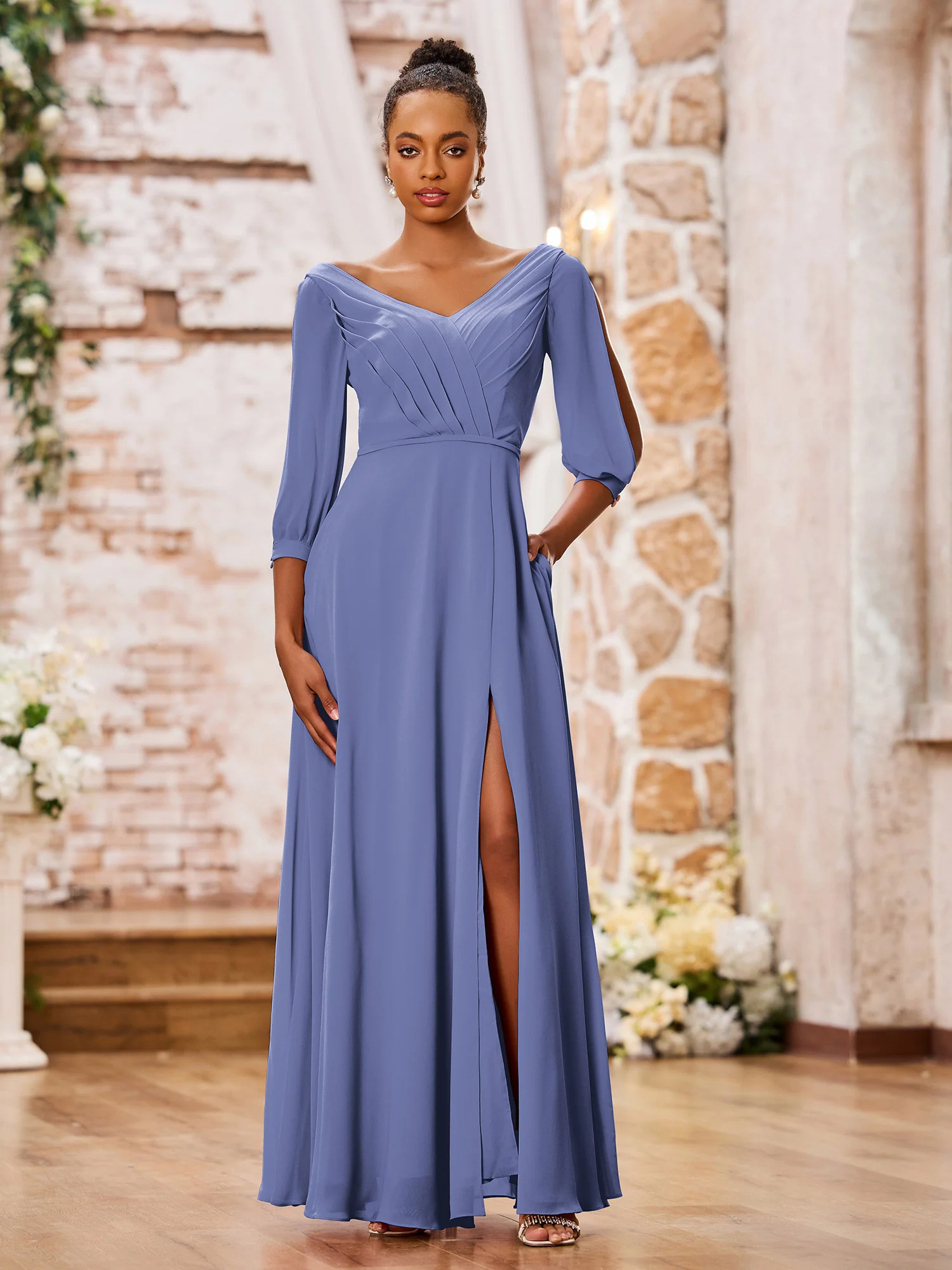 V-neck A-line Long Sleeves Maxi Chiffon Dresses with Slit Periwinkle