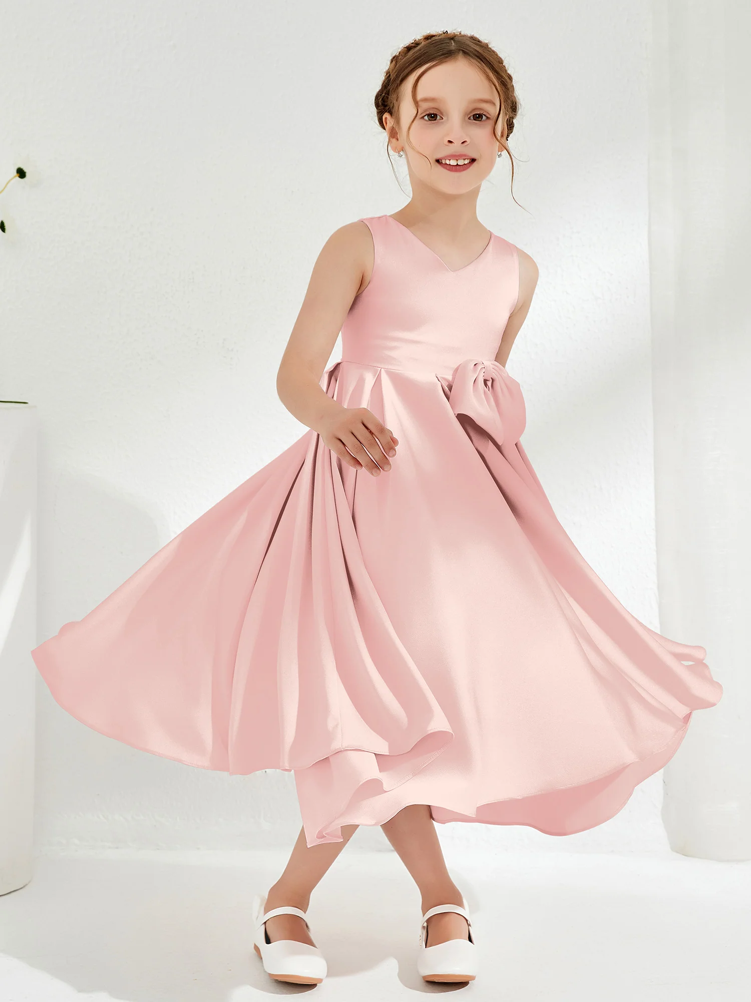 V-Neck Acetate Satin Girl's Dress with Bow Blushing Pink - Image 3