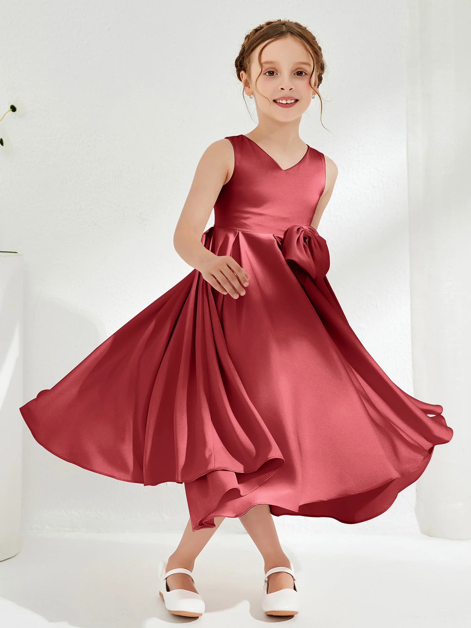 V-Neck Acetate Satin Girl's Dress with Bow Burgundy - Image 3