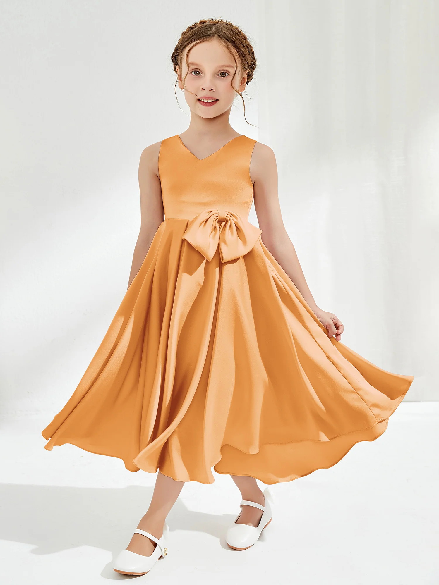 V-Neck Acetate Satin Girl's Dress with Bow Tangerine