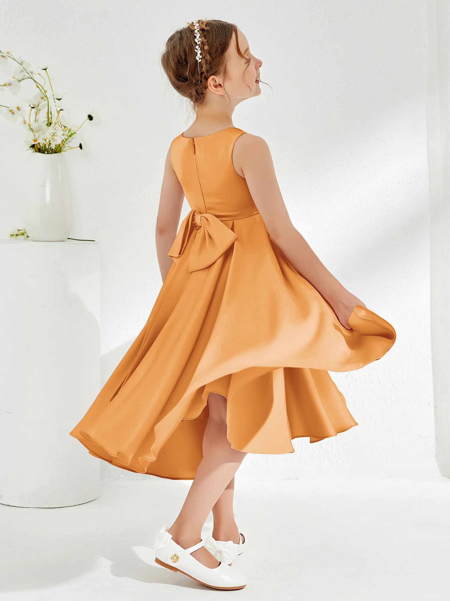 V-Neck Acetate Satin Girl's Dress with Bow Tangerine - Image 2