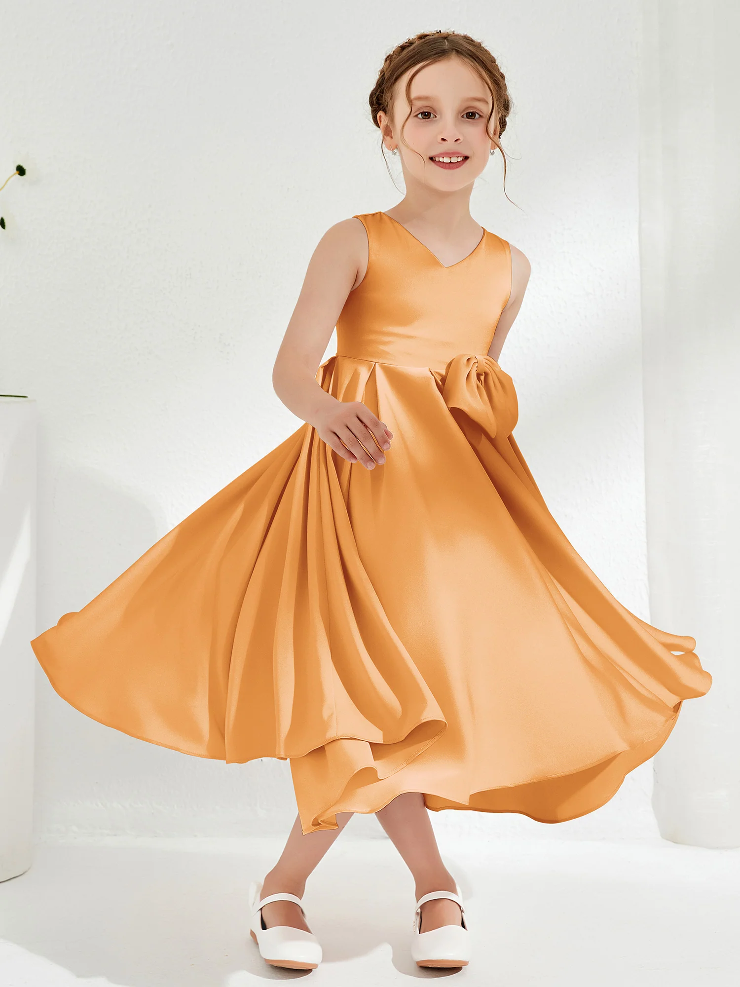 V-Neck Acetate Satin Girl's Dress with Bow Tangerine - Image 3