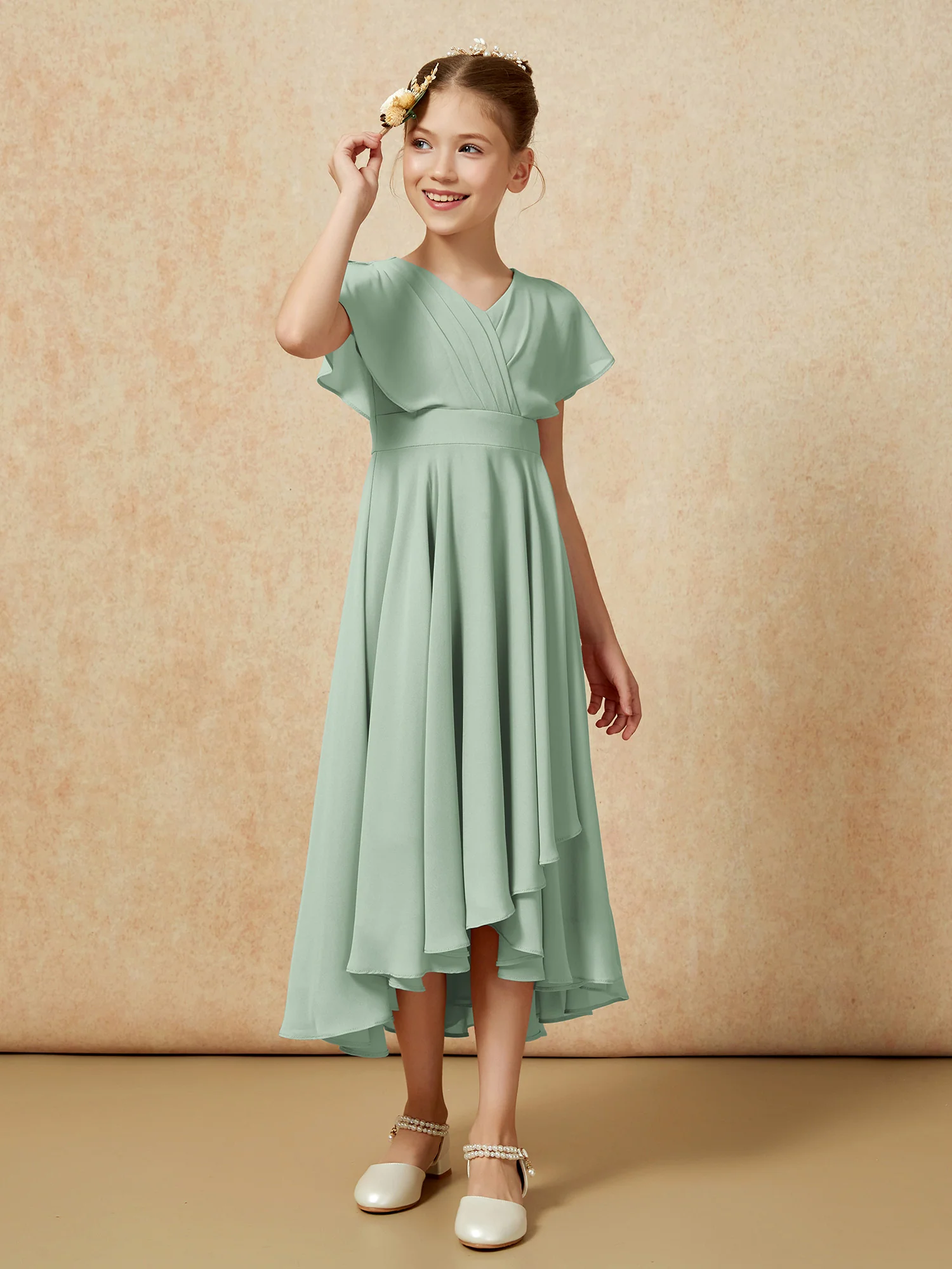 V-neck Chiffon Asymmetrical Junior Bridesmaid Dresses Agave - Image 3