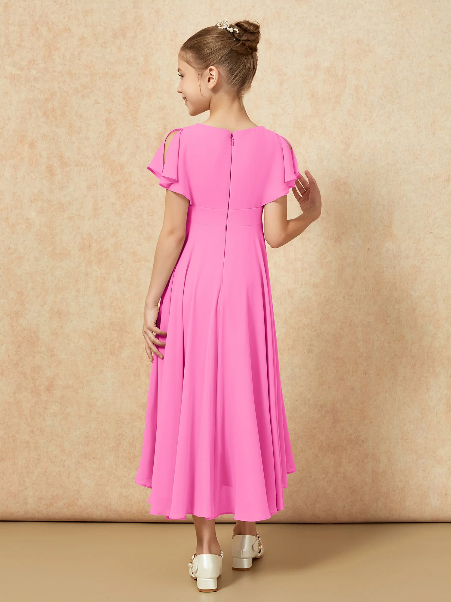V-neck Chiffon Asymmetrical Junior Bridesmaid Dresses Azalea - Image 2