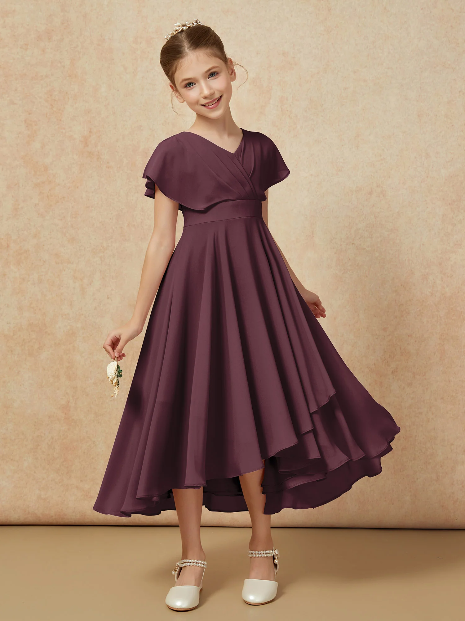 V-neck Chiffon Asymmetrical Junior Bridesmaid Dresses Cabernet - Image 6