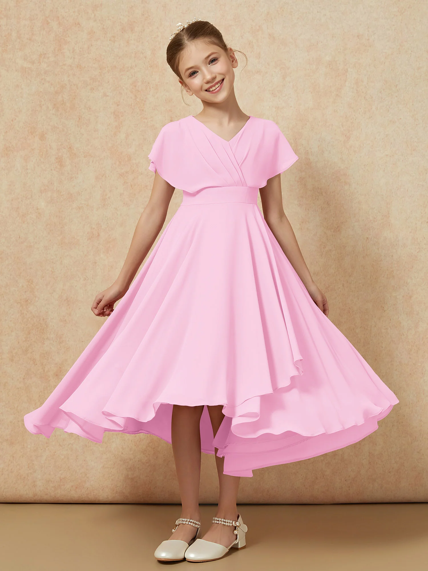 V-neck Chiffon Asymmetrical Junior Bridesmaid Dresses Candy Pink