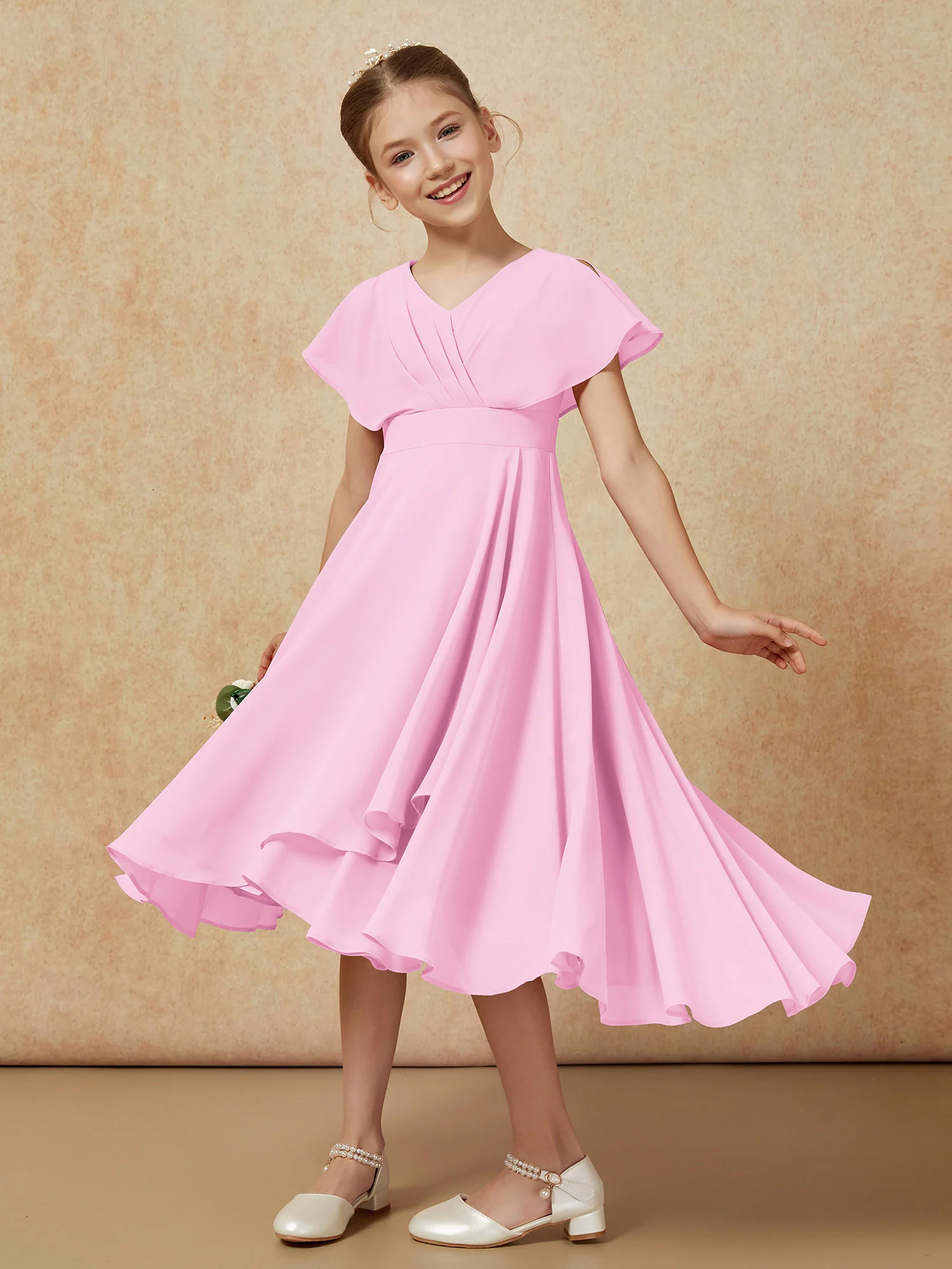 V-neck Chiffon Asymmetrical Junior Bridesmaid Dresses Candy Pink - Image 4