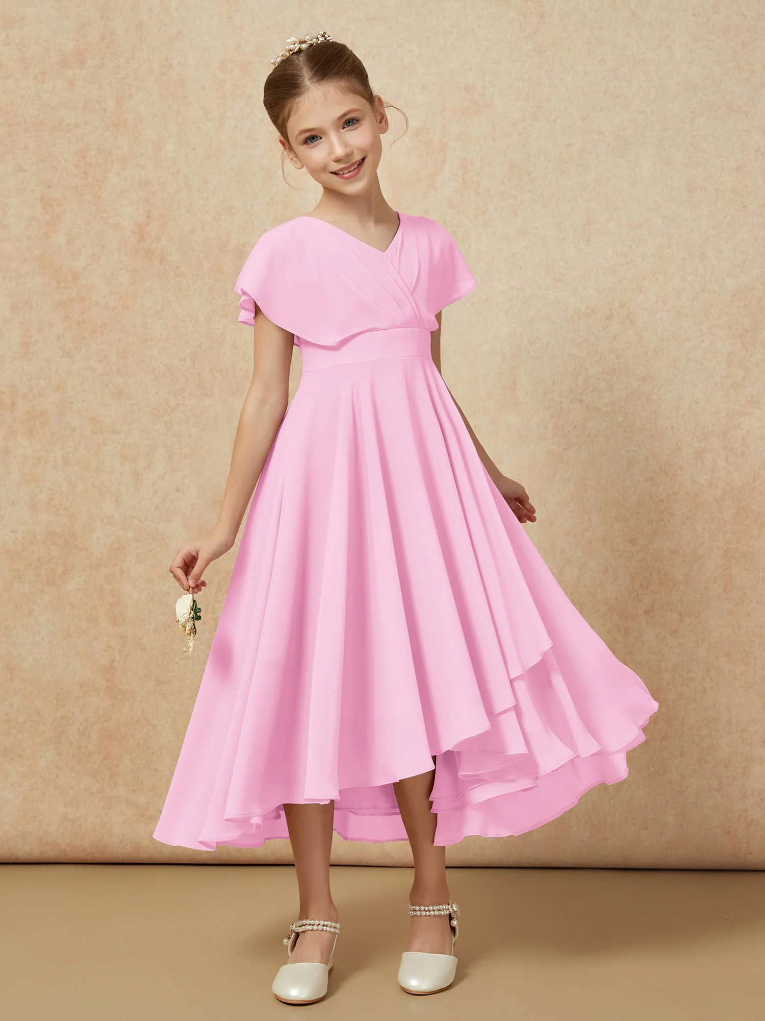 V-neck Chiffon Asymmetrical Junior Bridesmaid Dresses Candy Pink - Image 6