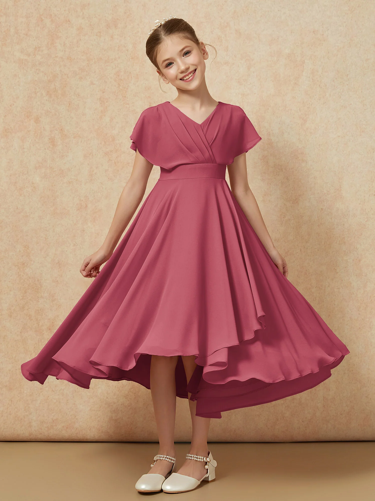 V-neck Chiffon Asymmetrical Junior Bridesmaid Dresses Cinnamon Rose