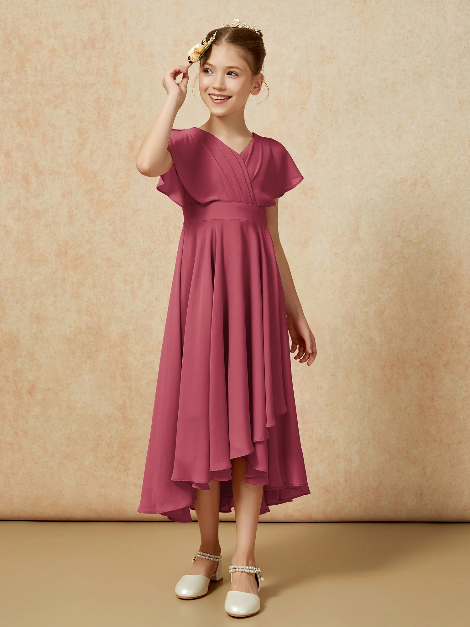 V-neck Chiffon Asymmetrical Junior Bridesmaid Dresses Cinnamon Rose - Image 3