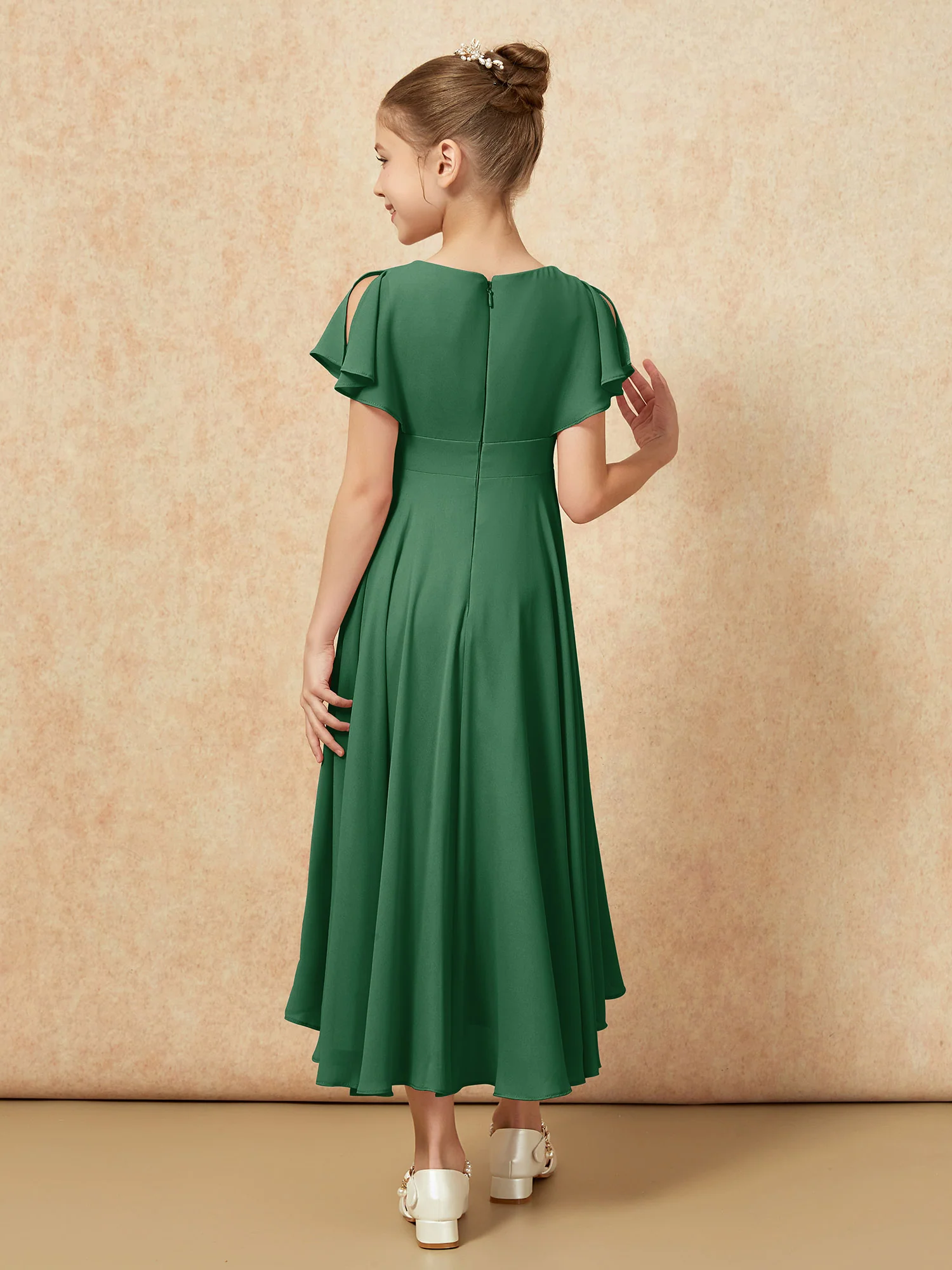 V-neck Chiffon Asymmetrical Junior Bridesmaid Dresses Dark Green - Image 2