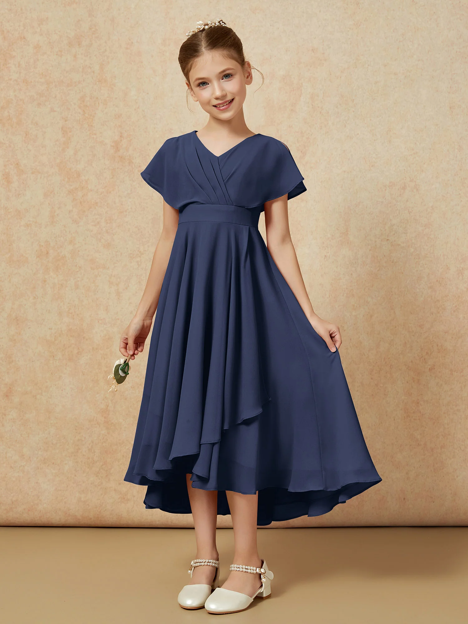V-neck Chiffon Asymmetrical Junior Bridesmaid Dresses Dark Navy - Image 5